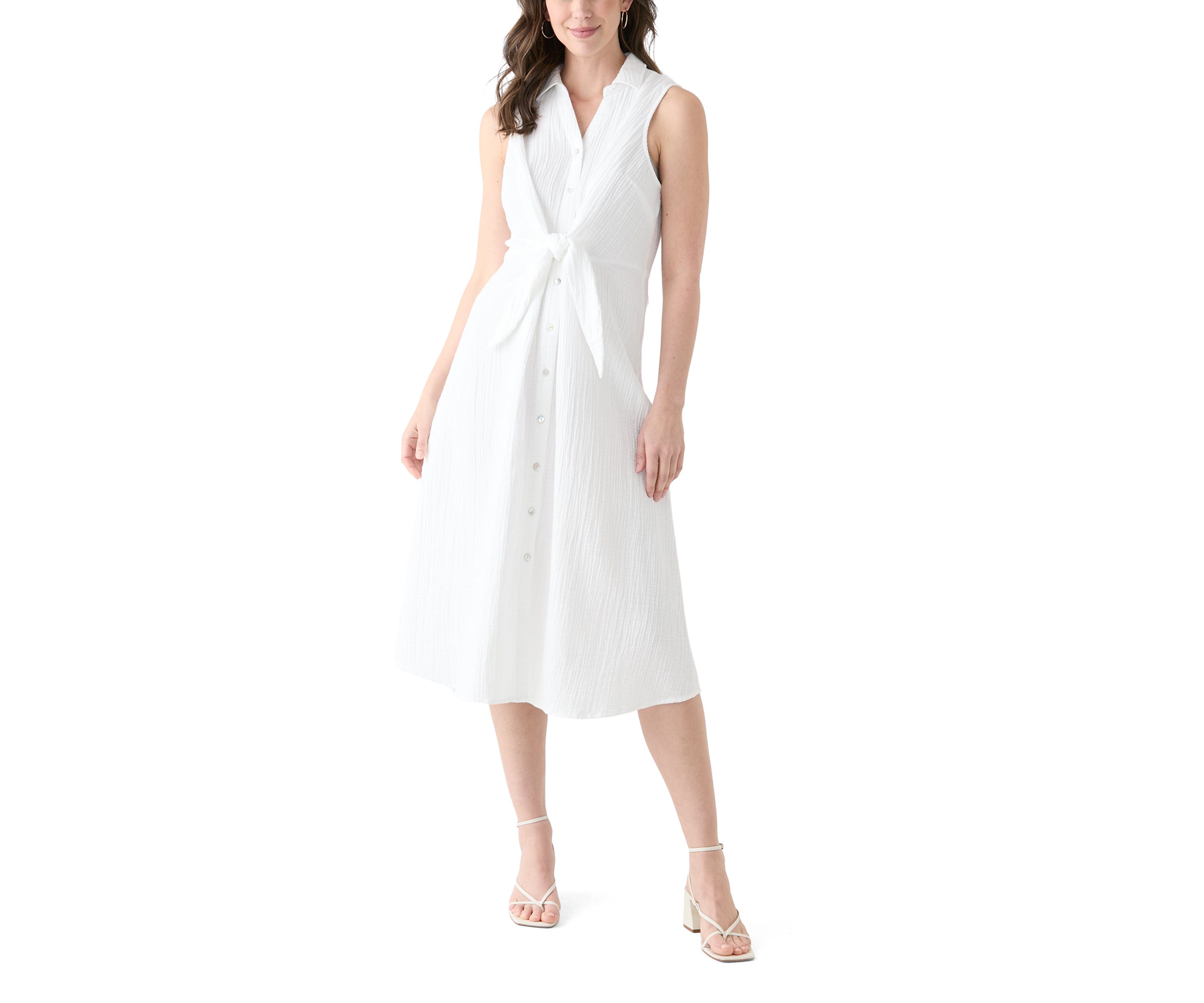 Womens Sleeveless Tie Front Gauze Midi Dress