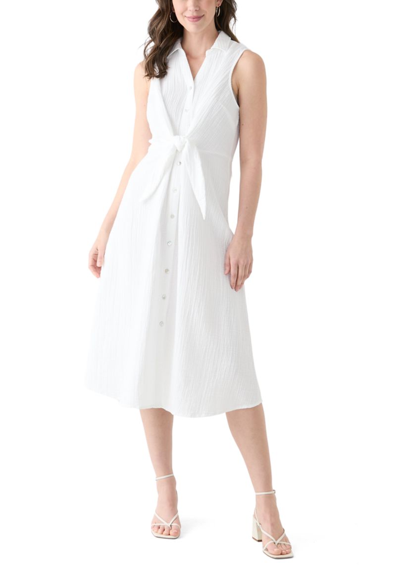 Womens Sleeveless Tie Front Gauze Midi Dress
