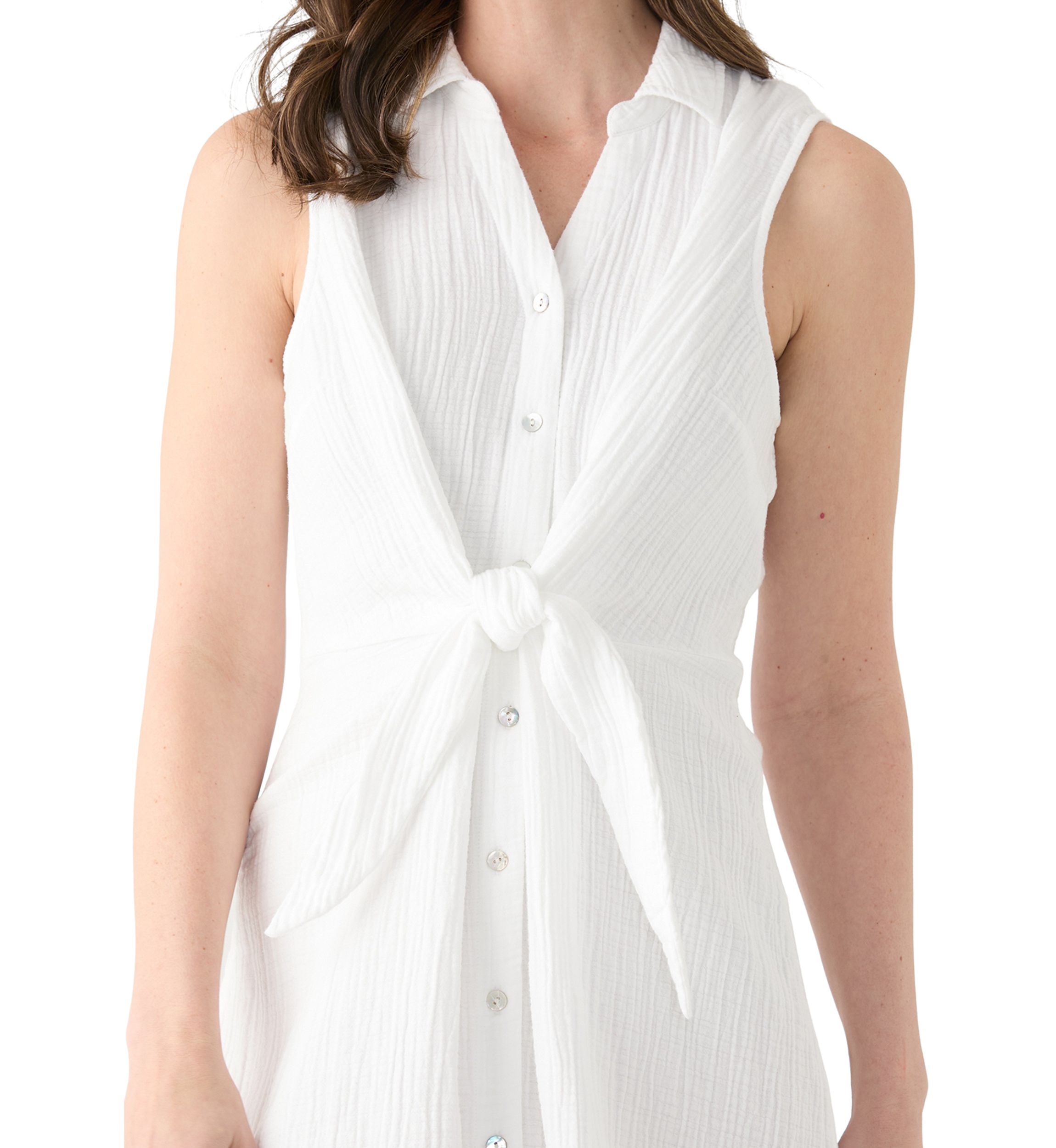 Womens Sleeveless Tie Front Gauze Midi Dress