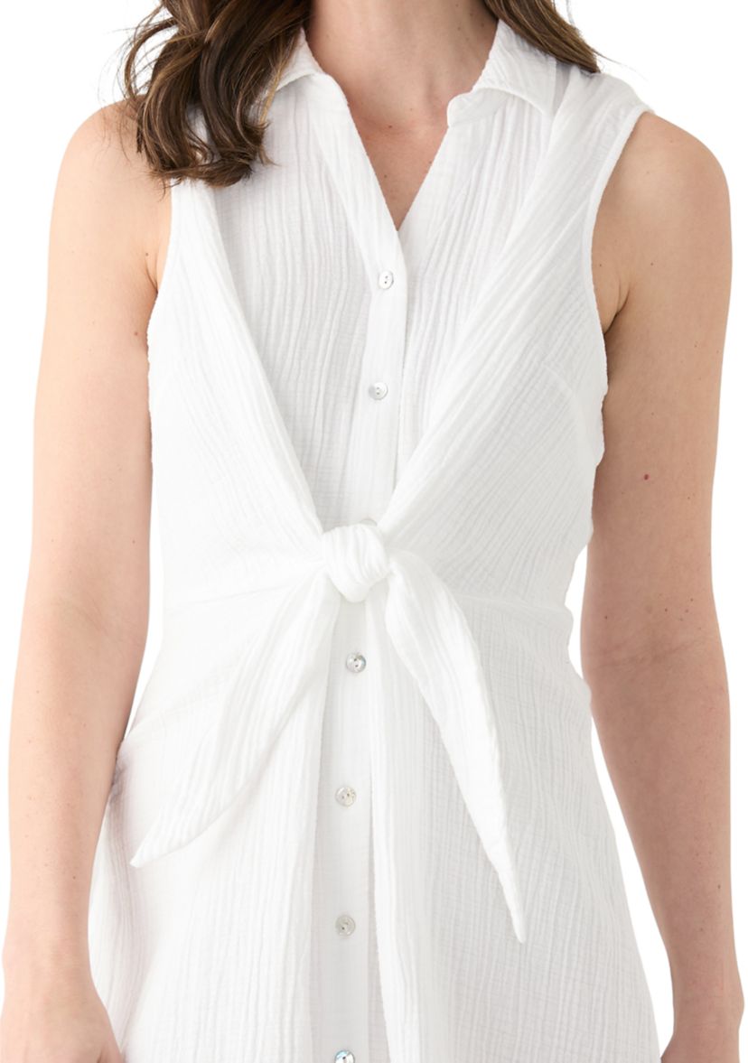 Womens Sleeveless Tie Front Gauze Midi Dress