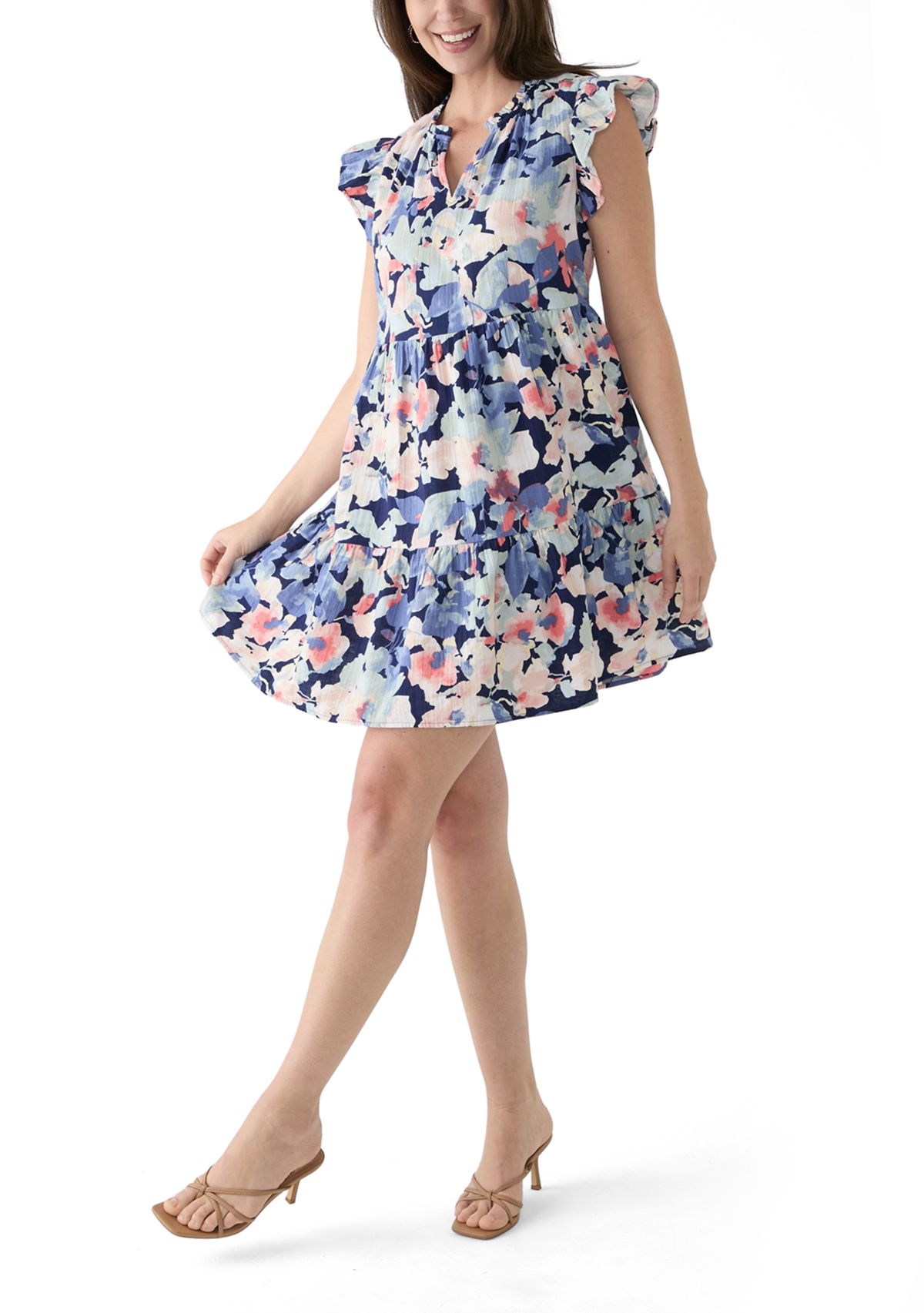 Womens Split Neck Tiered Printed Midi Dress