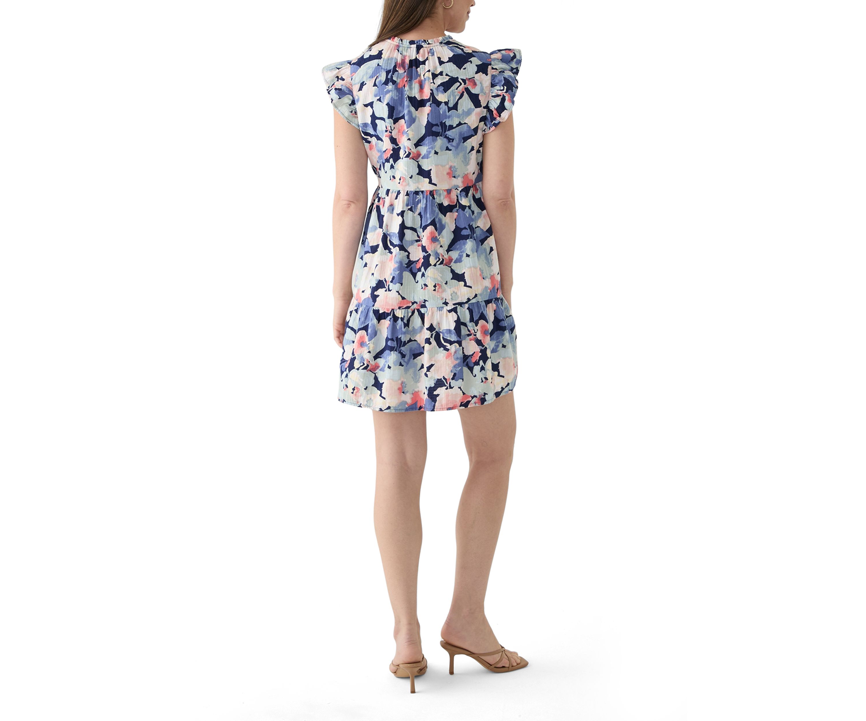 Womens Split Neck Tiered Printed Midi Dress