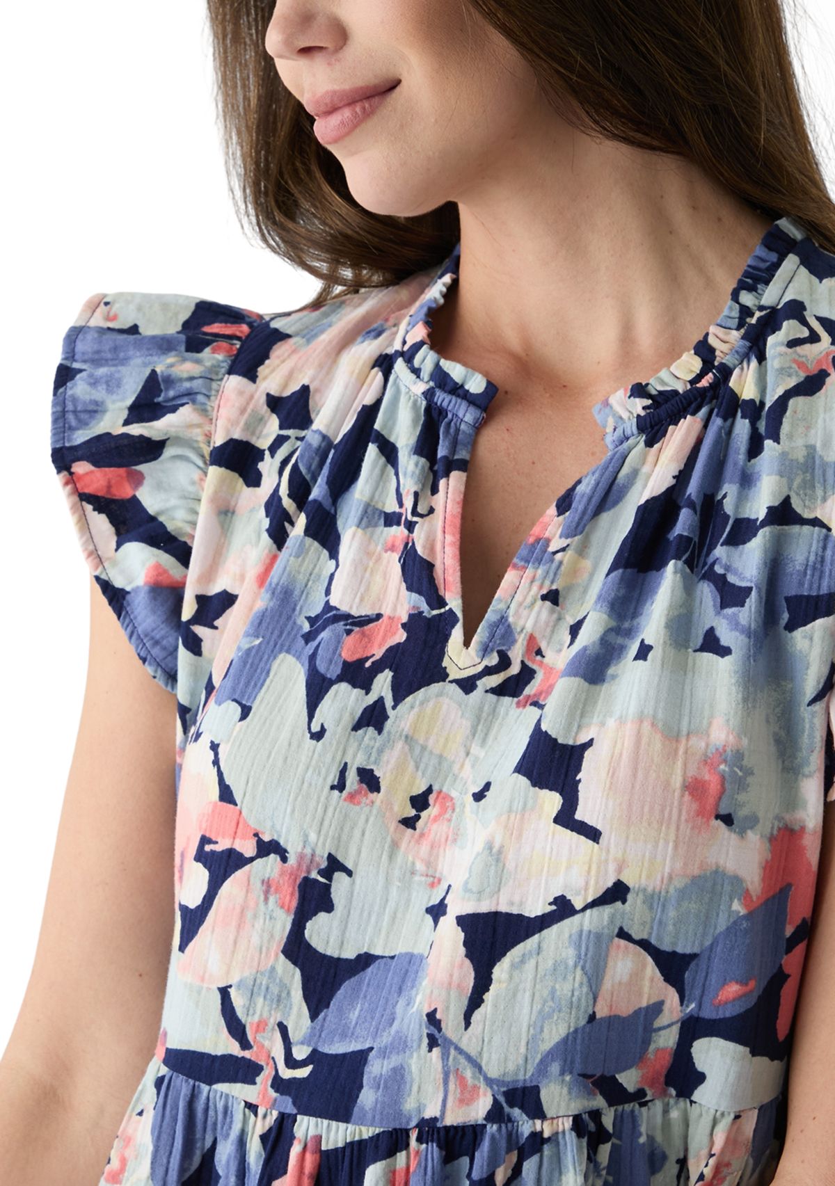 Womens Split Neck Tiered Printed Midi Dress