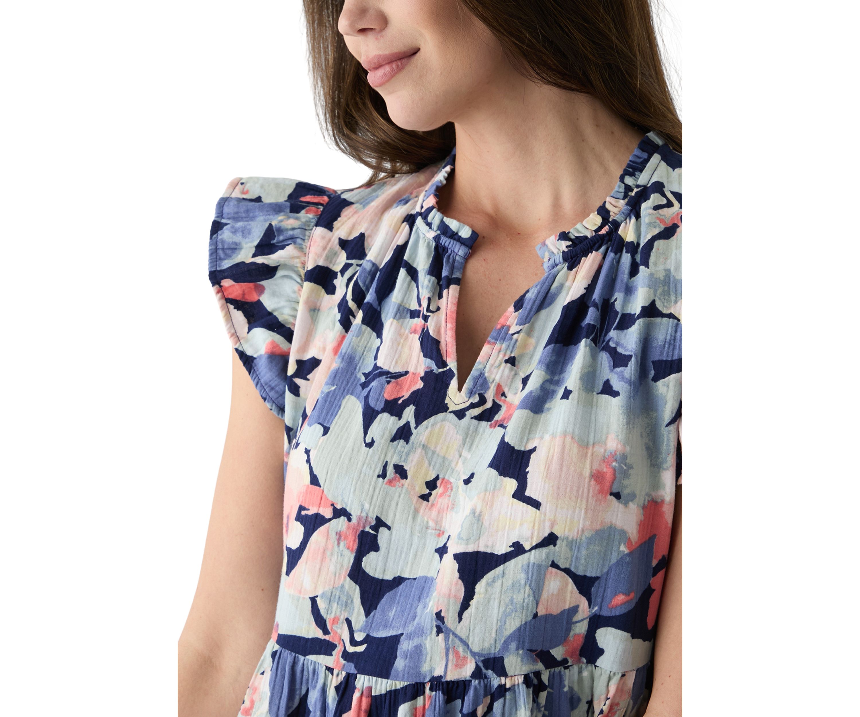 Womens Split Neck Tiered Printed Midi Dress