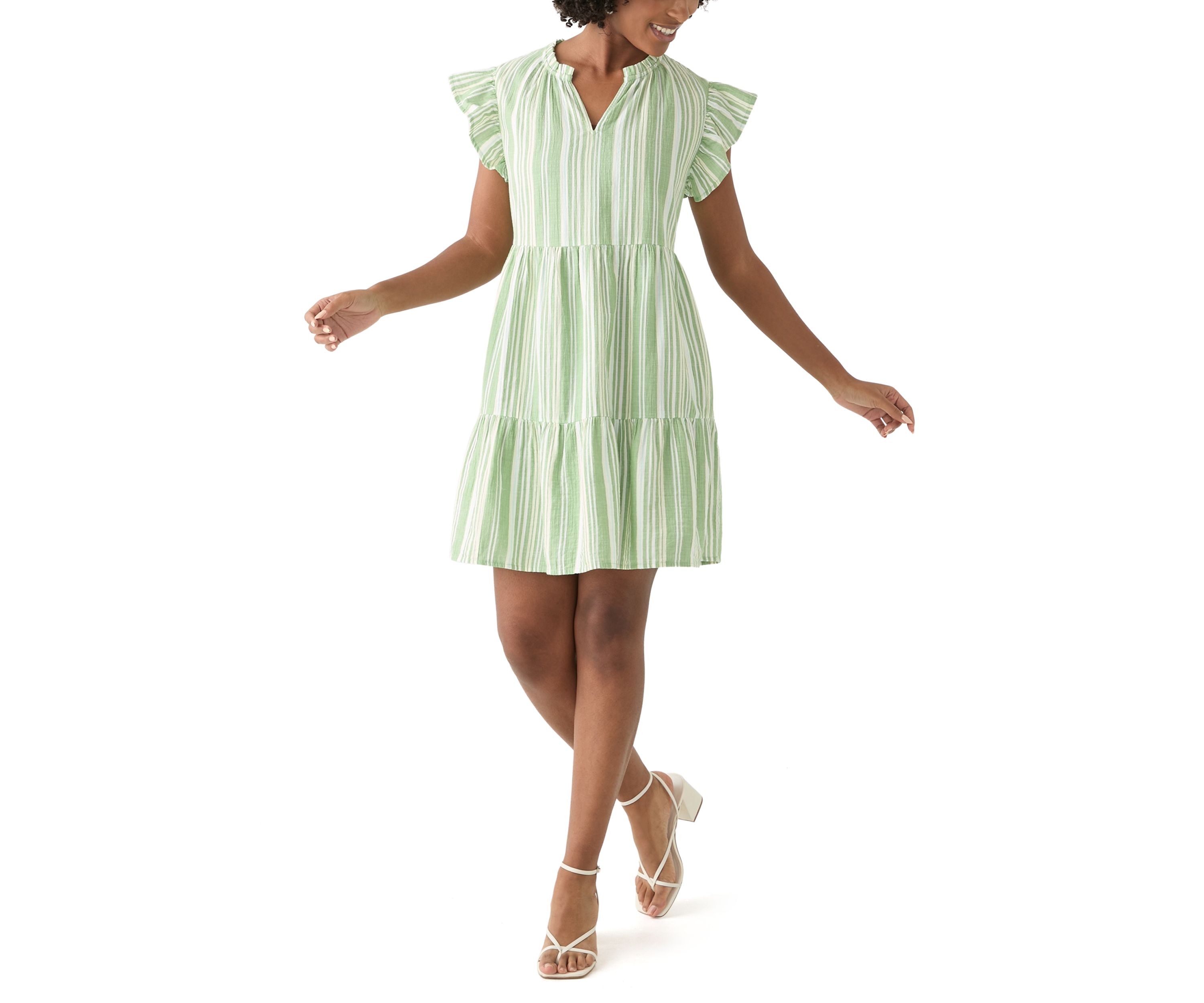 Womens Split Neck Tiered Mini Dress