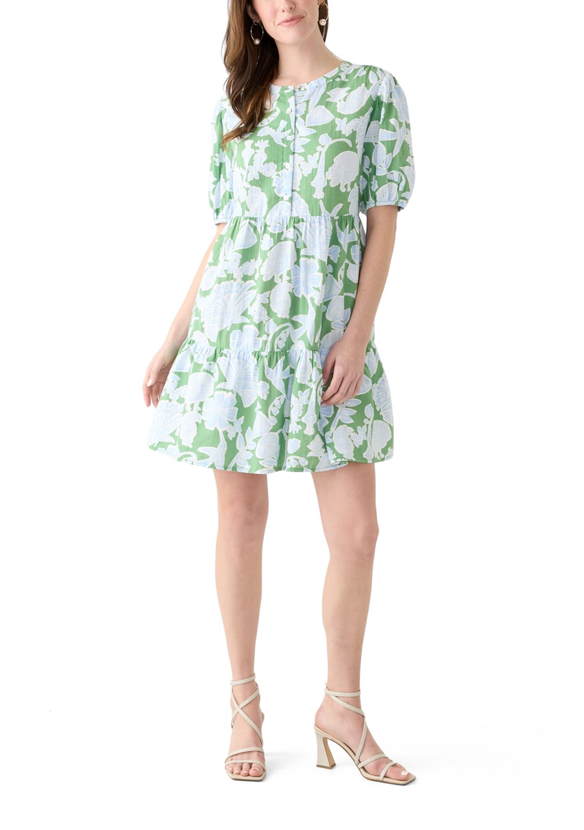 Womens Tiered Gauze Printed Mini Dress