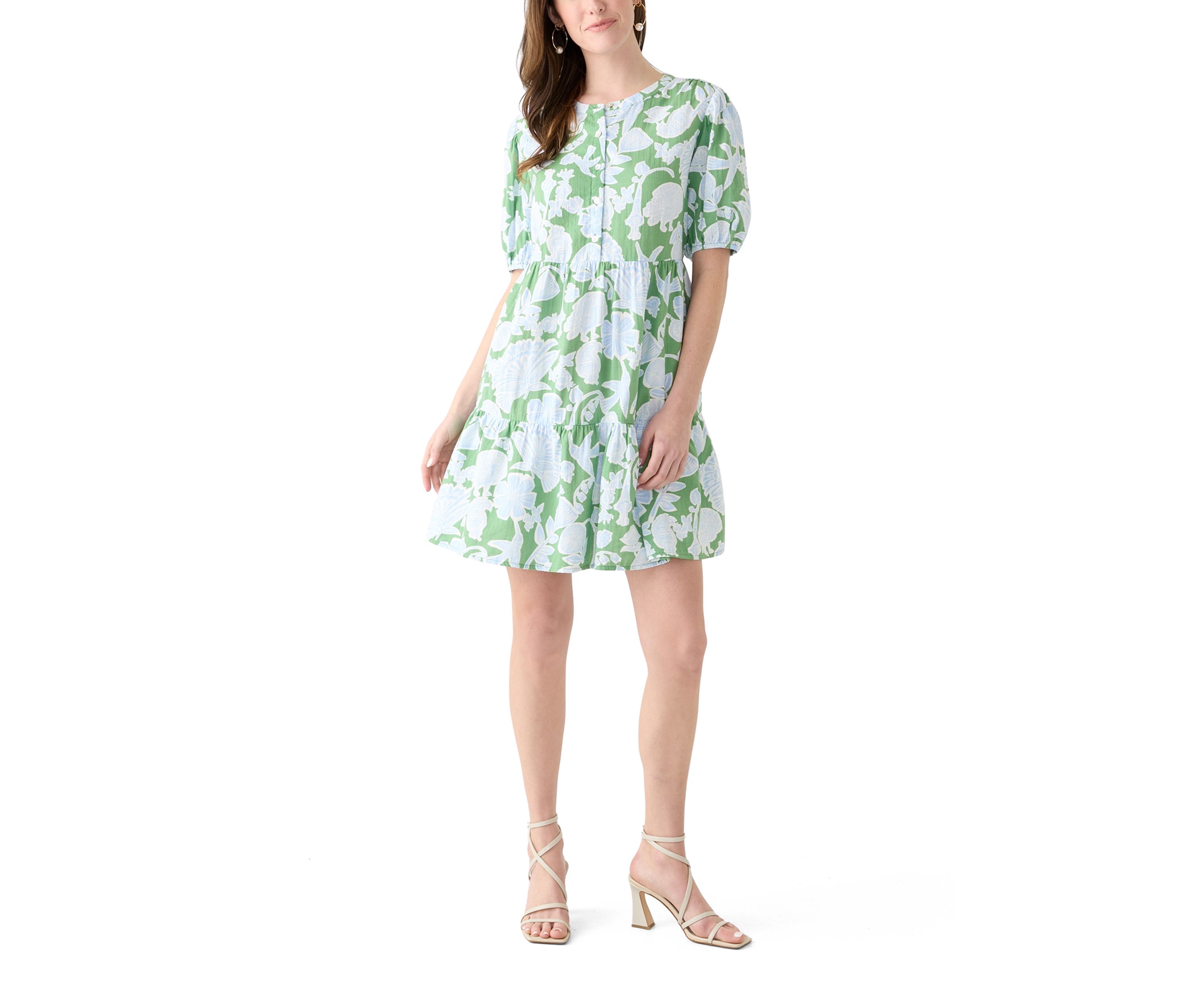 Womens Tiered Gauze Printed Mini Dress