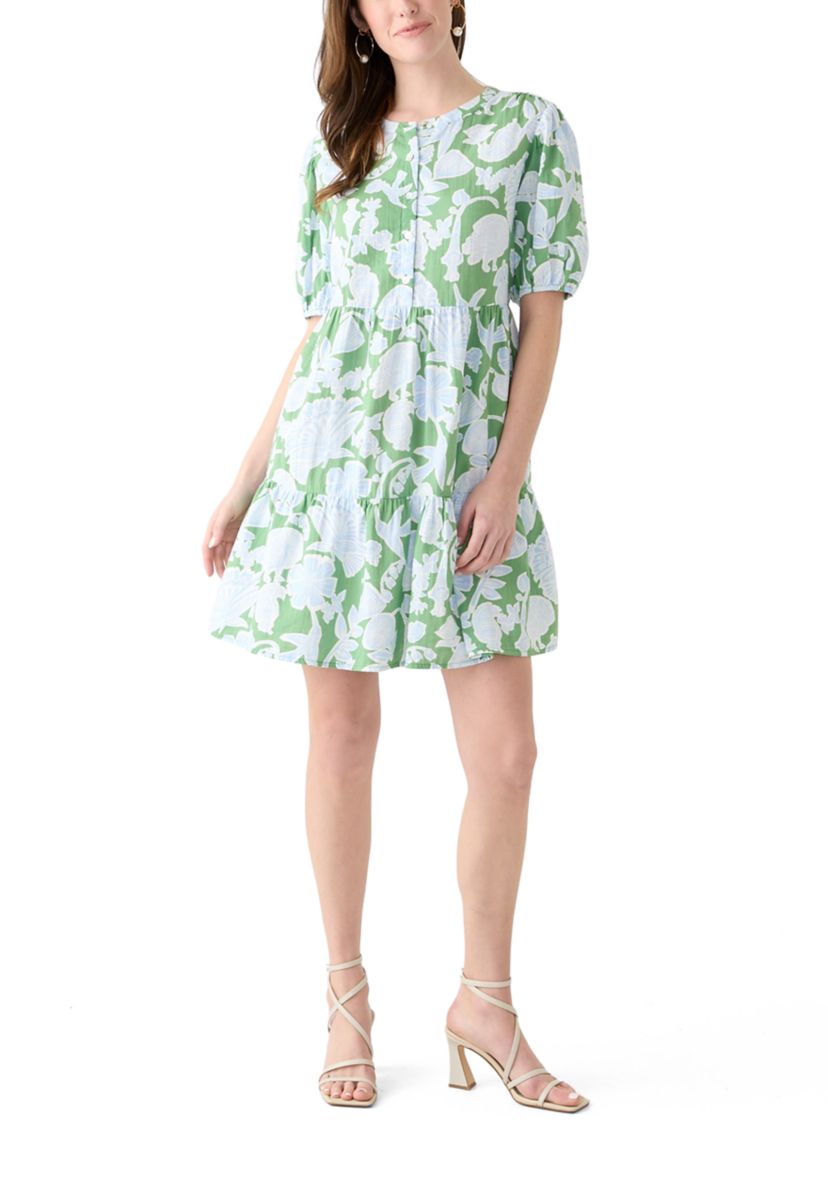 Womens Tiered Gauze Printed Mini Dress