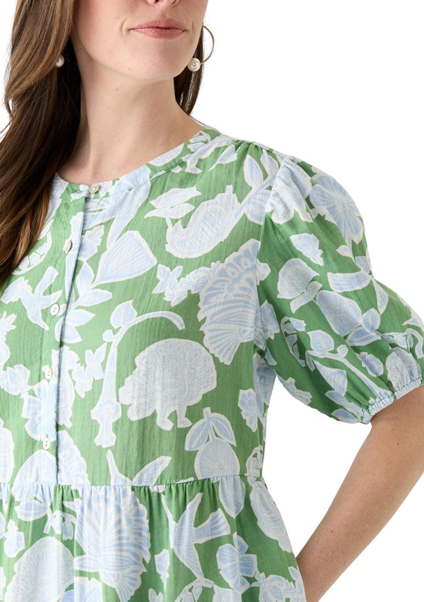 Womens Tiered Gauze Printed Mini Dress