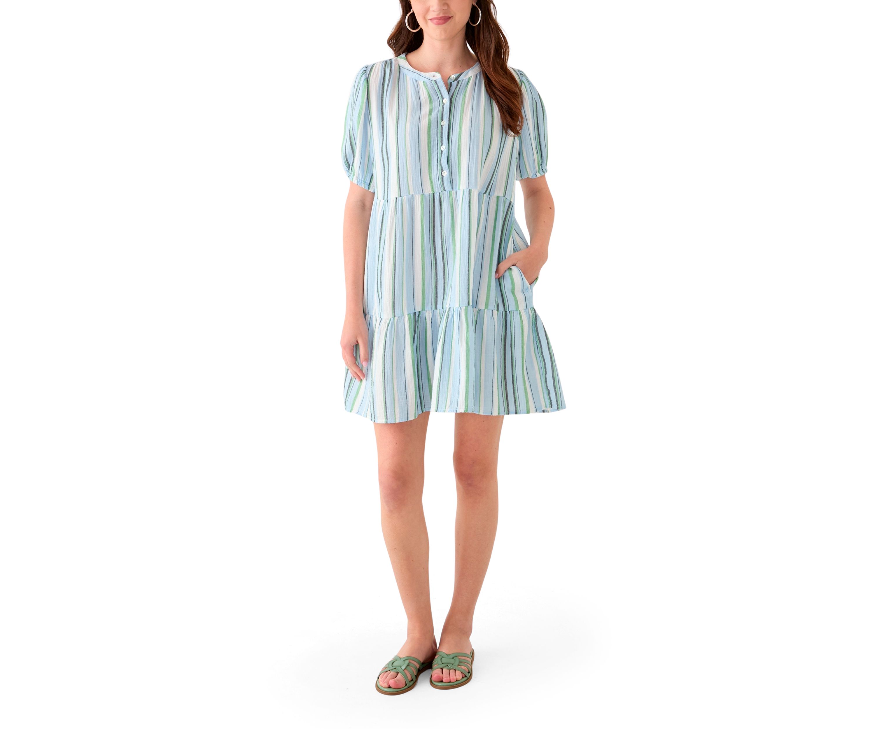 Womens Tiered Gauze Stripe Mini Dress