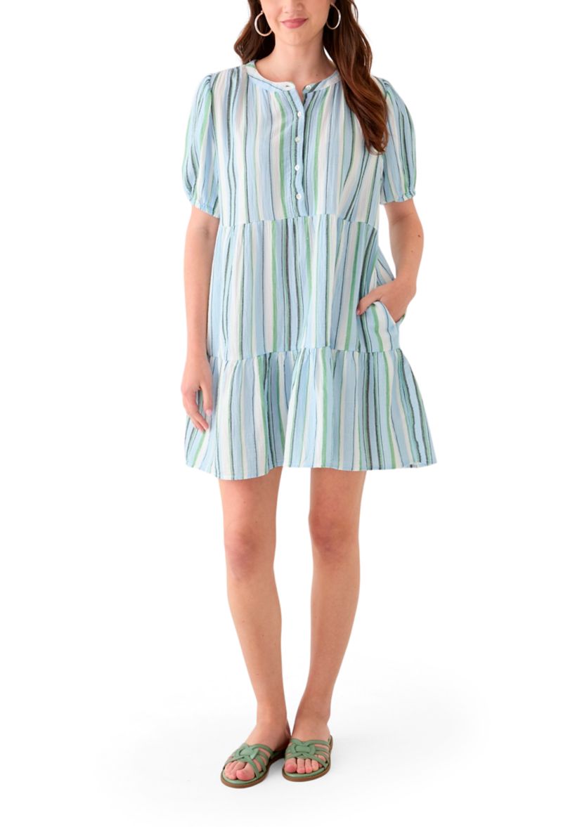 Womens Tiered Gauze Stripe Mini Dress