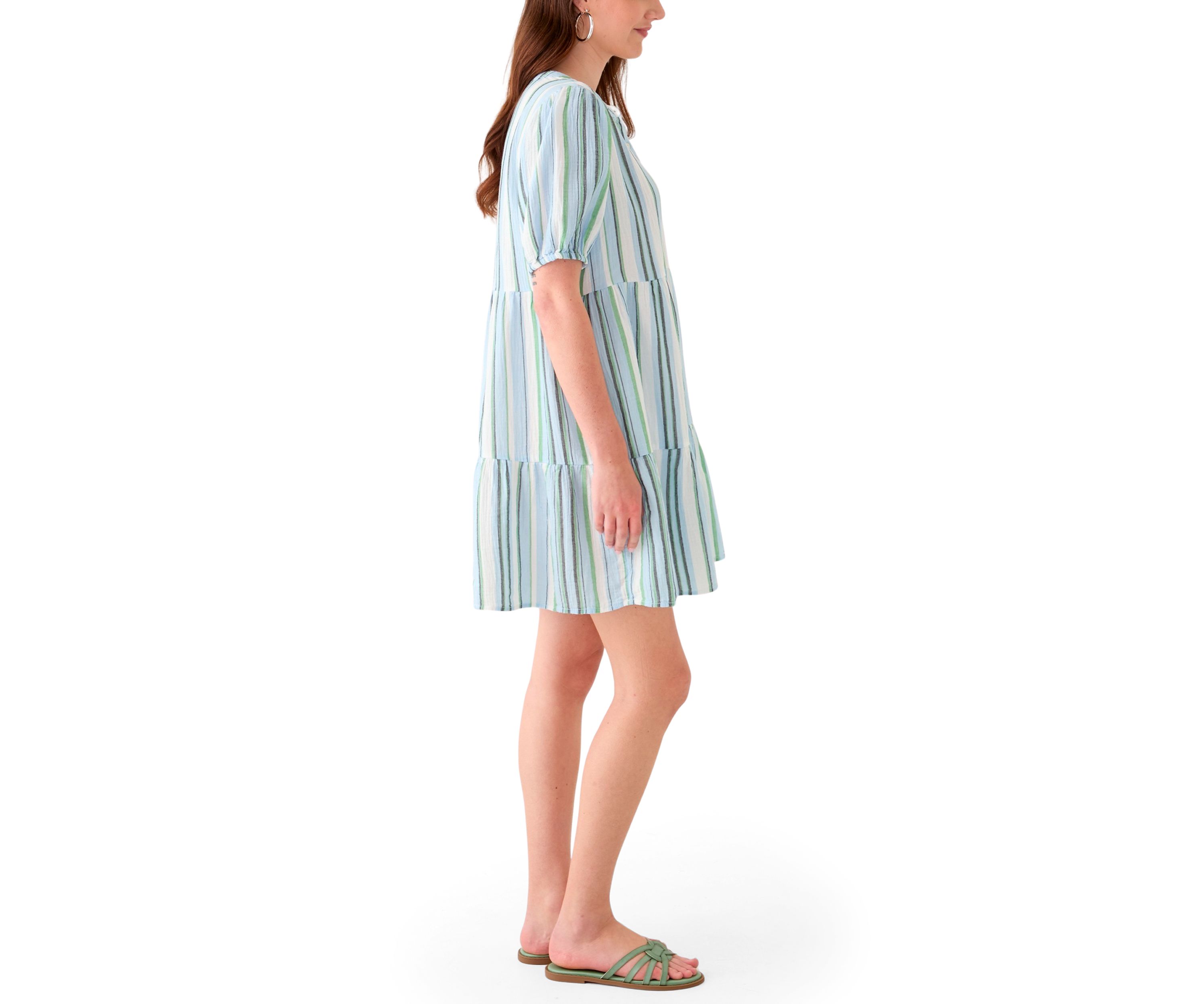 Womens Tiered Gauze Stripe Mini Dress