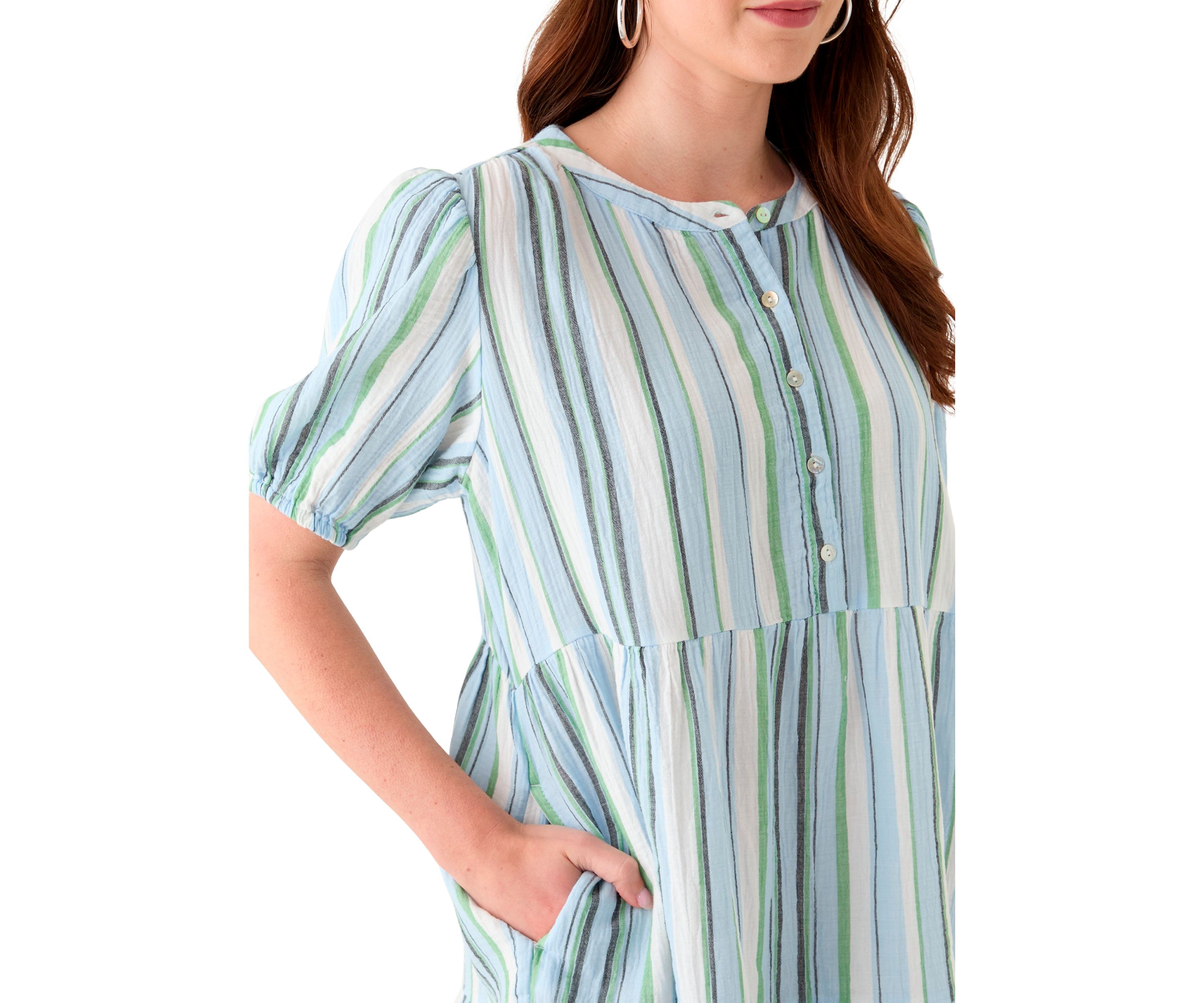 Womens Tiered Gauze Stripe Mini Dress