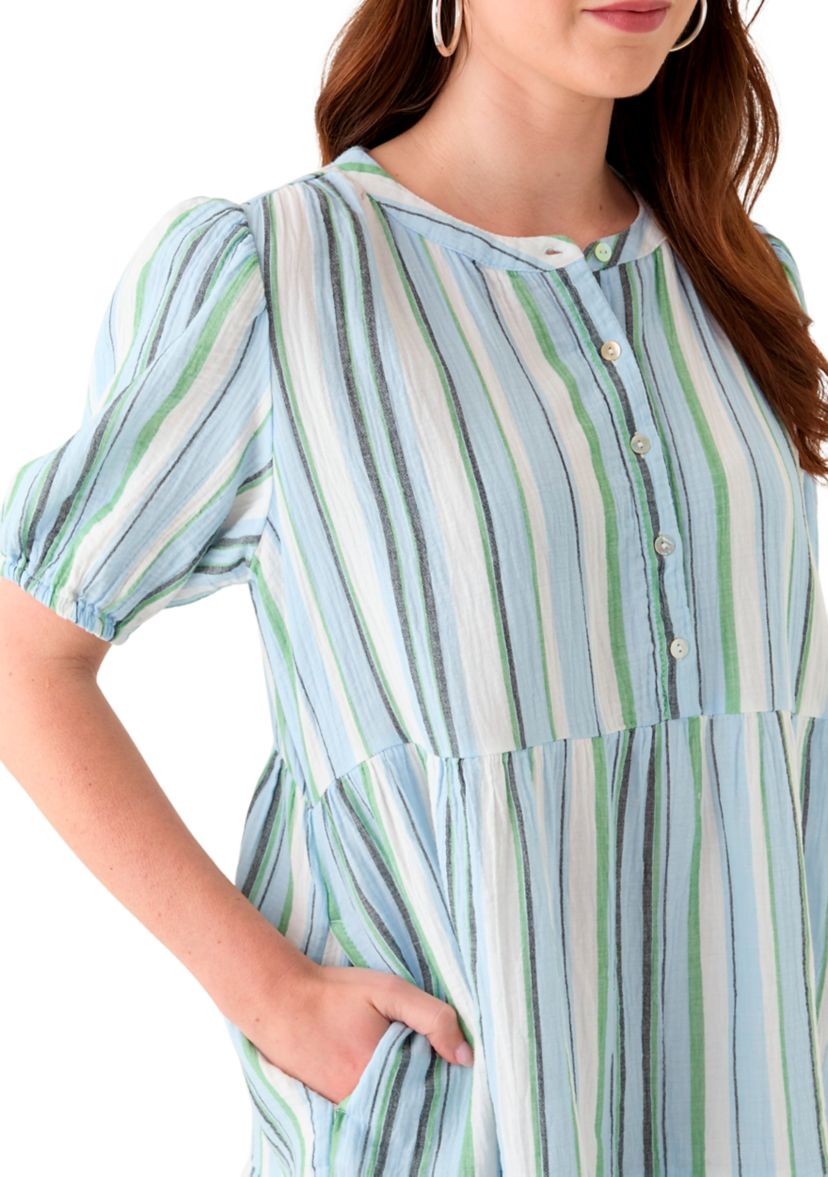 Womens Tiered Gauze Stripe Mini Dress