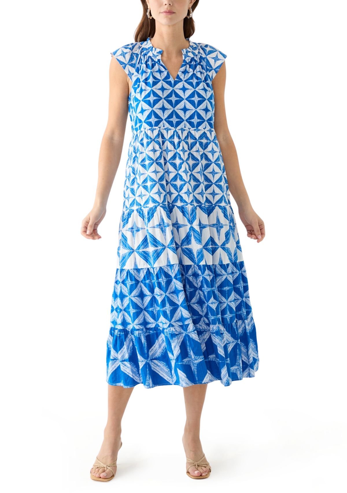 Womens Cap Sleeve Tiered Printed Maxi Dress