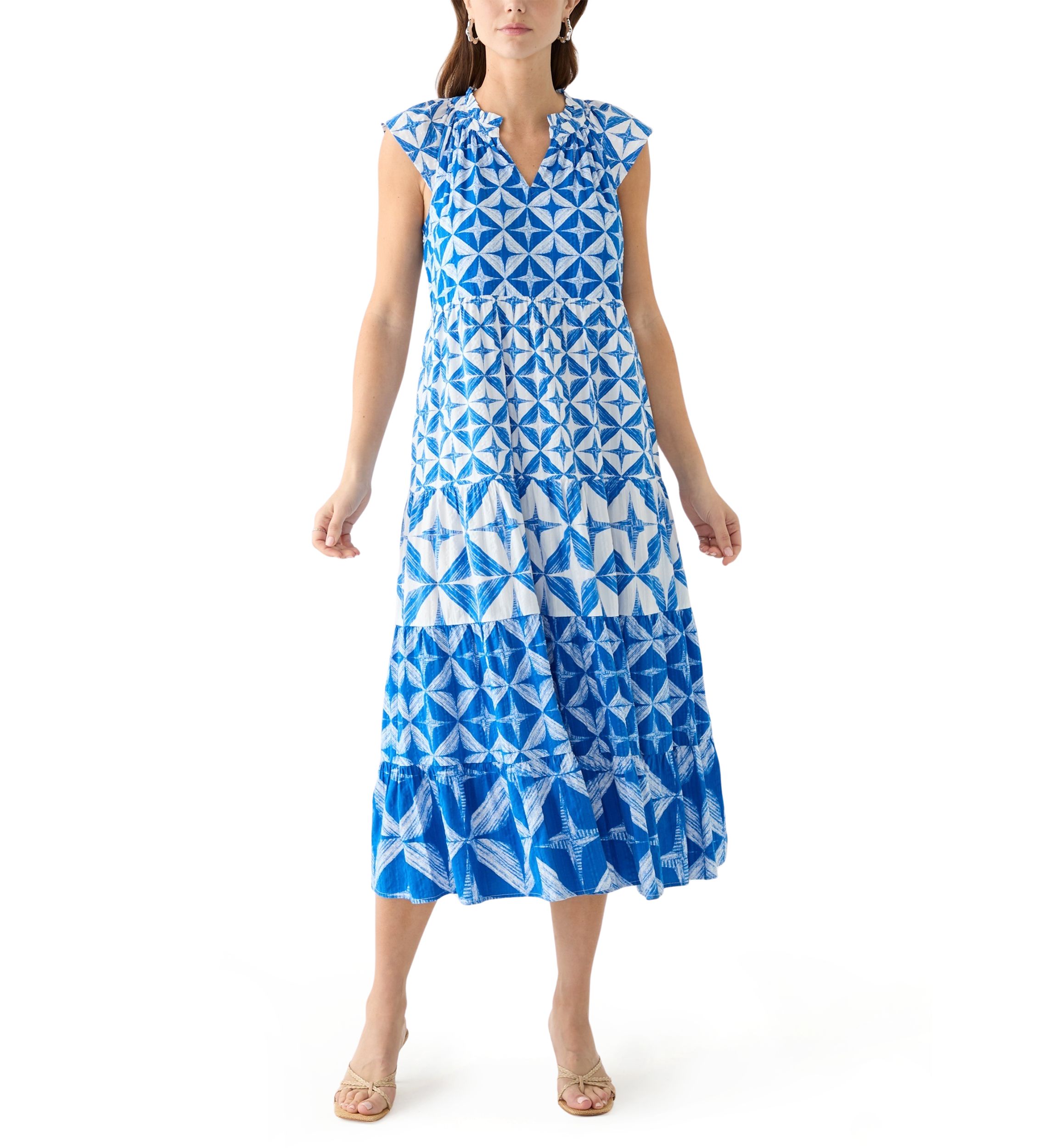 Womens Cap Sleeve Tiered Printed Maxi Dress