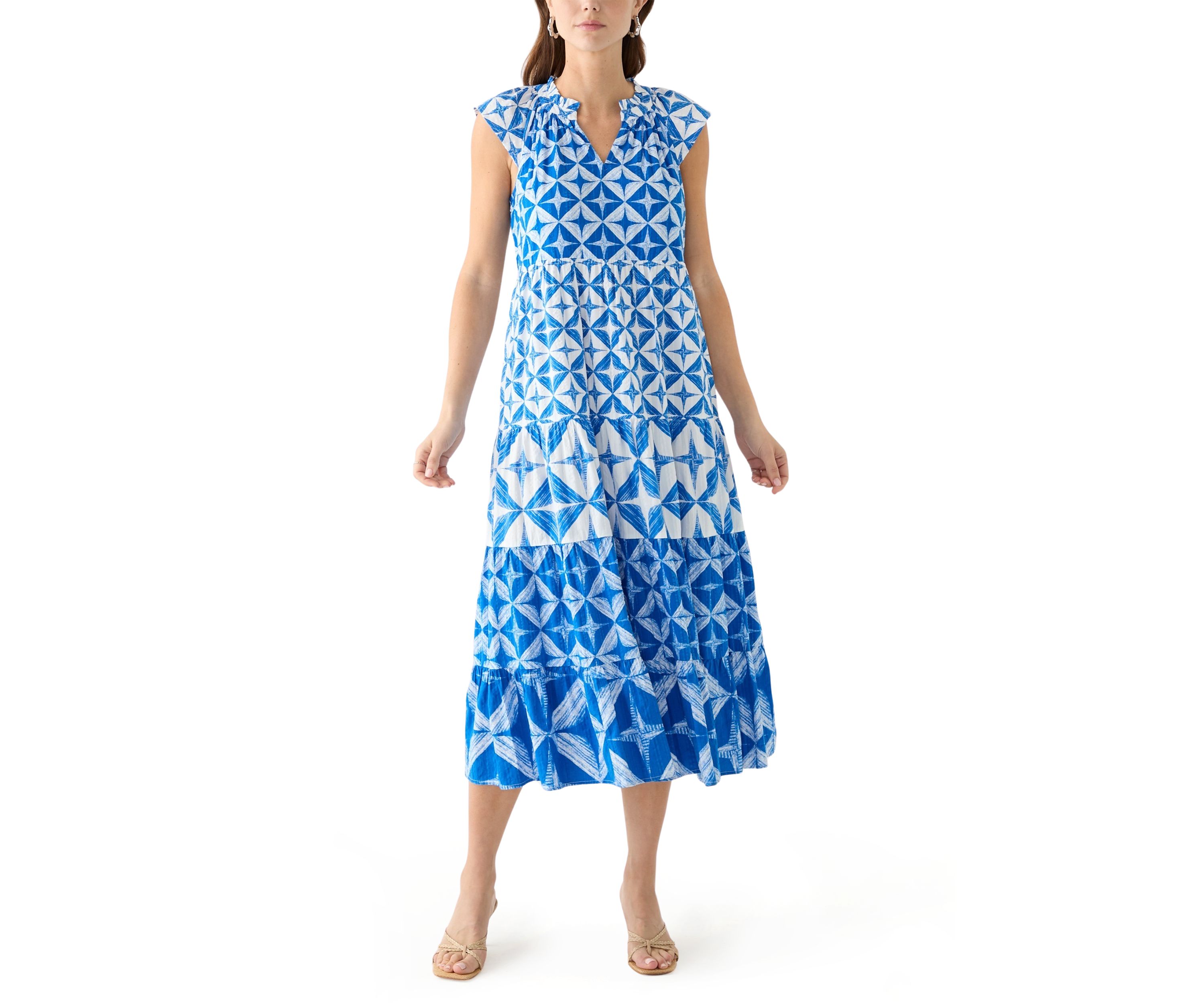 Womens Cap Sleeve Tiered Printed Maxi Dress