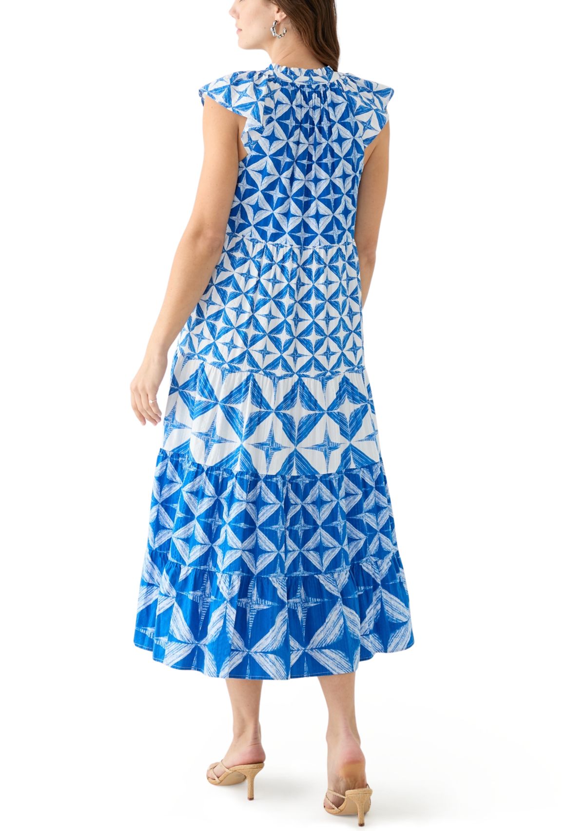 Womens Cap Sleeve Tiered Printed Maxi Dress