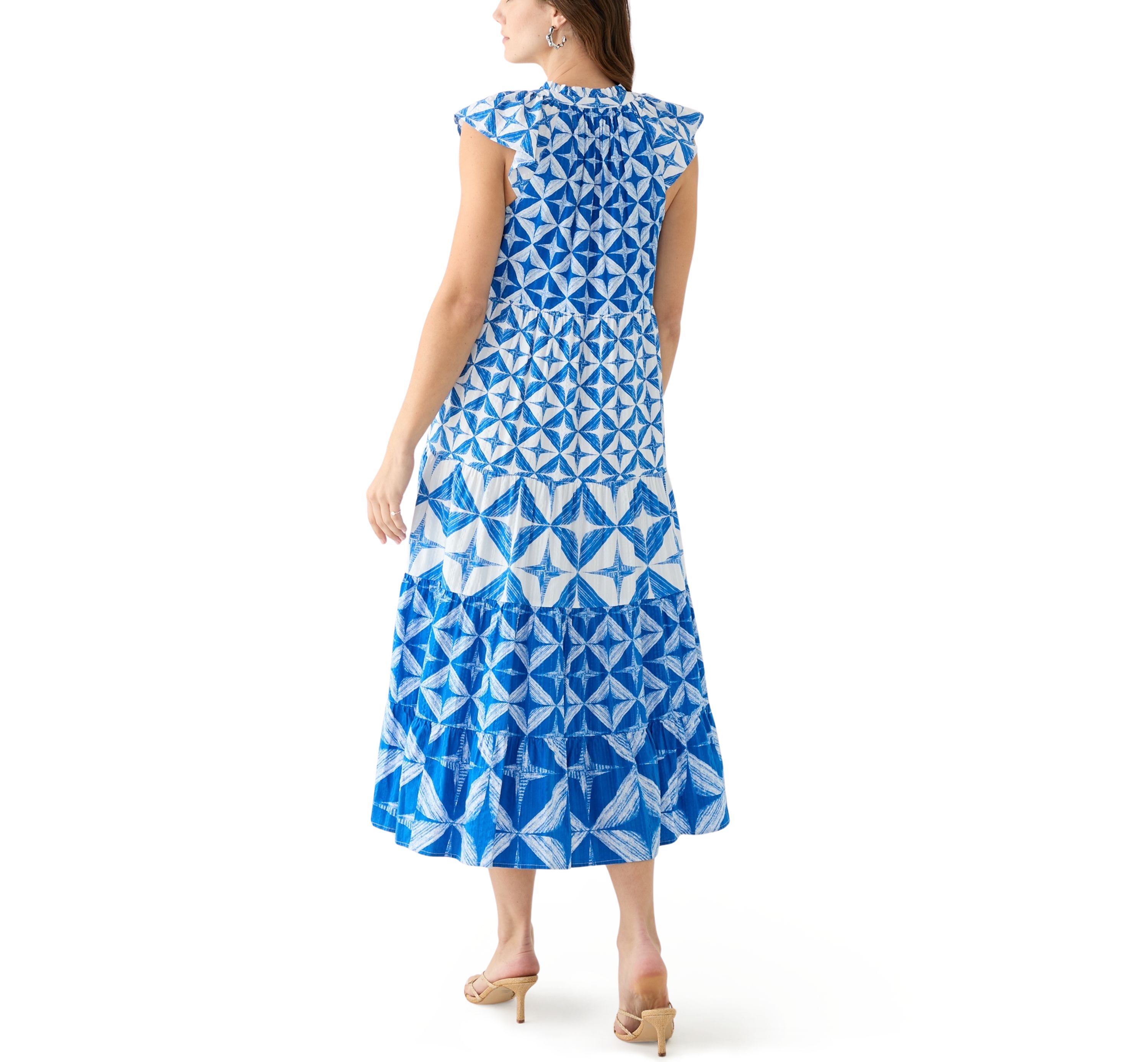 Womens Cap Sleeve Tiered Printed Maxi Dress