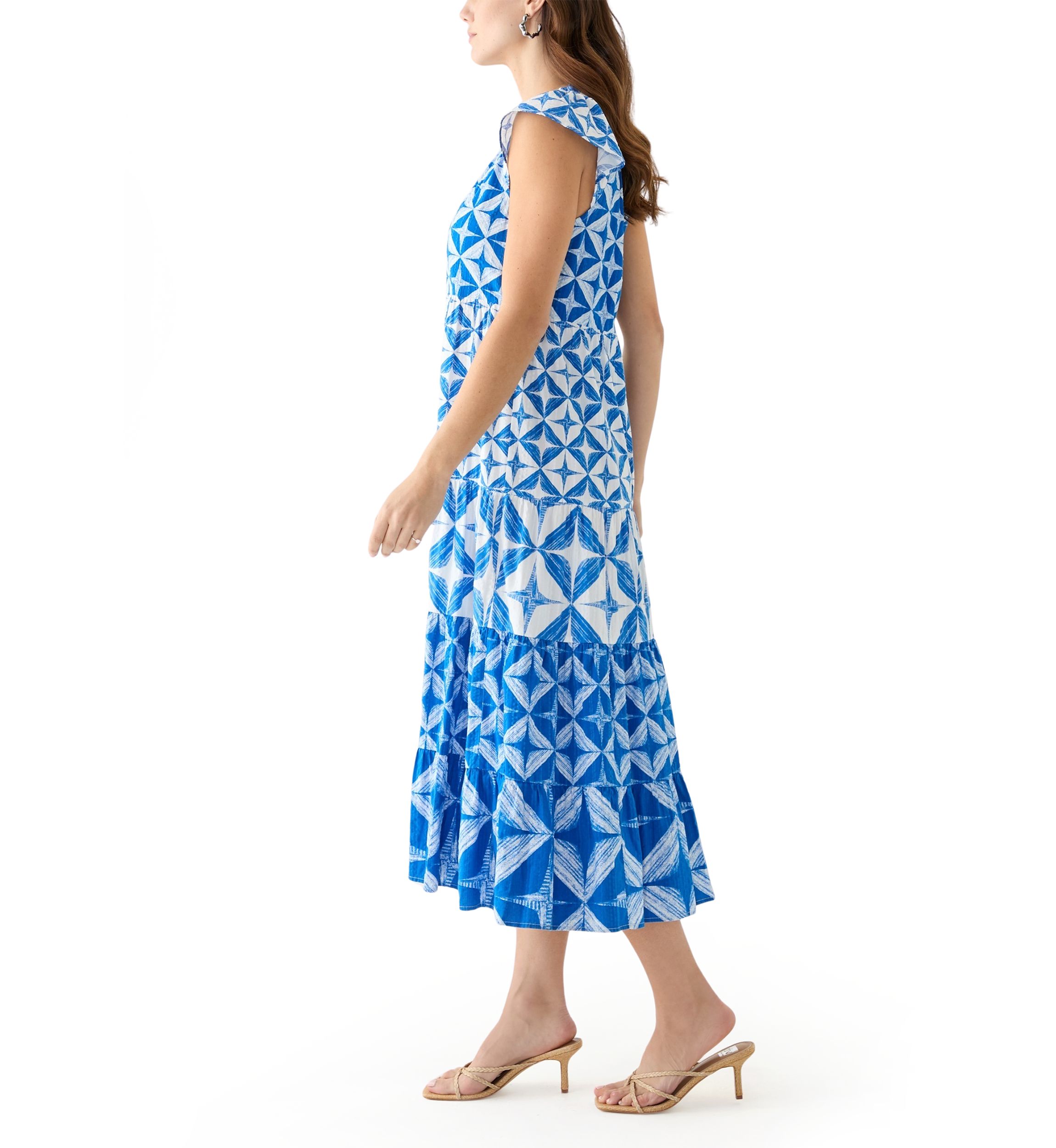 Womens Cap Sleeve Tiered Printed Maxi Dress