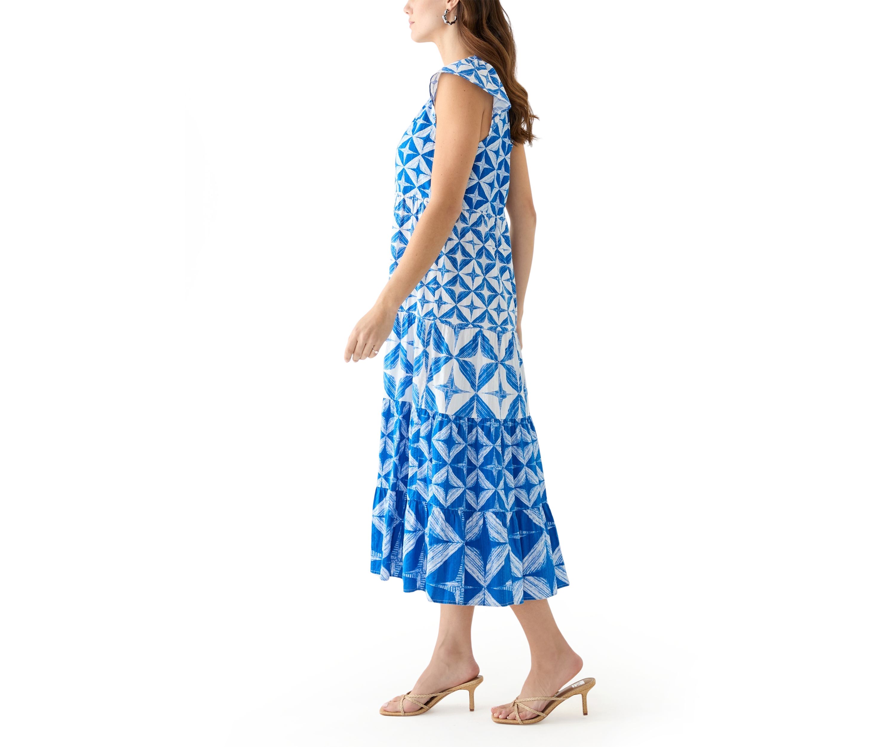 Womens Cap Sleeve Tiered Printed Maxi Dress