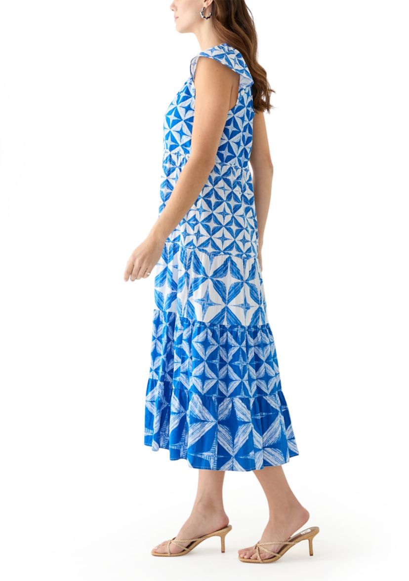 Womens Cap Sleeve Tiered Printed Maxi Dress