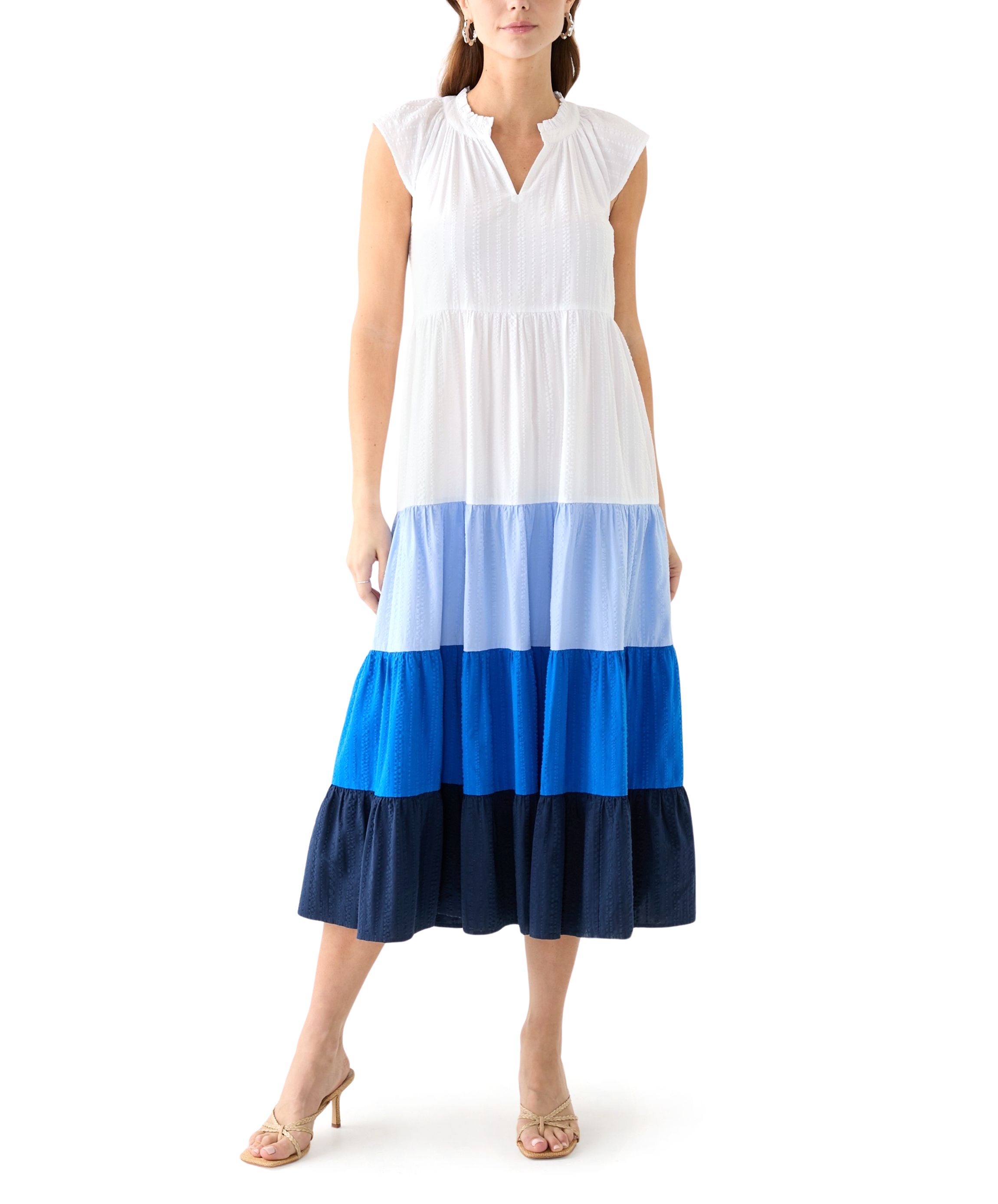 Womens Cap Sleeve Color Block Tiered Maxi Dress