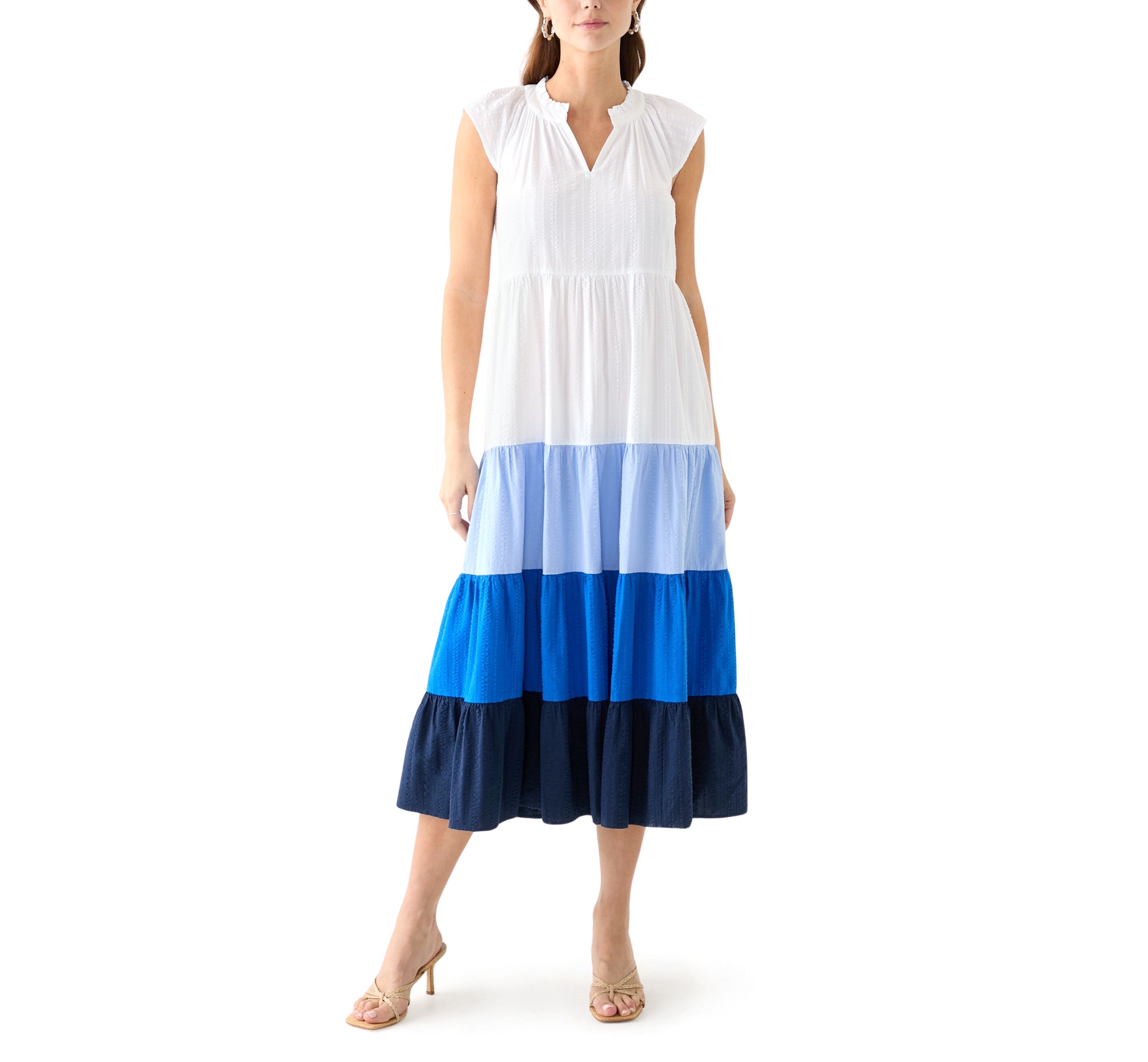 Womens Cap Sleeve Color Block Tiered Maxi Dress