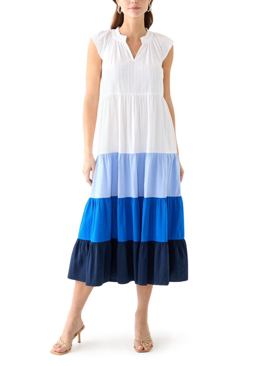 Womens Cap Sleeve Color Block Tiered Maxi Dress