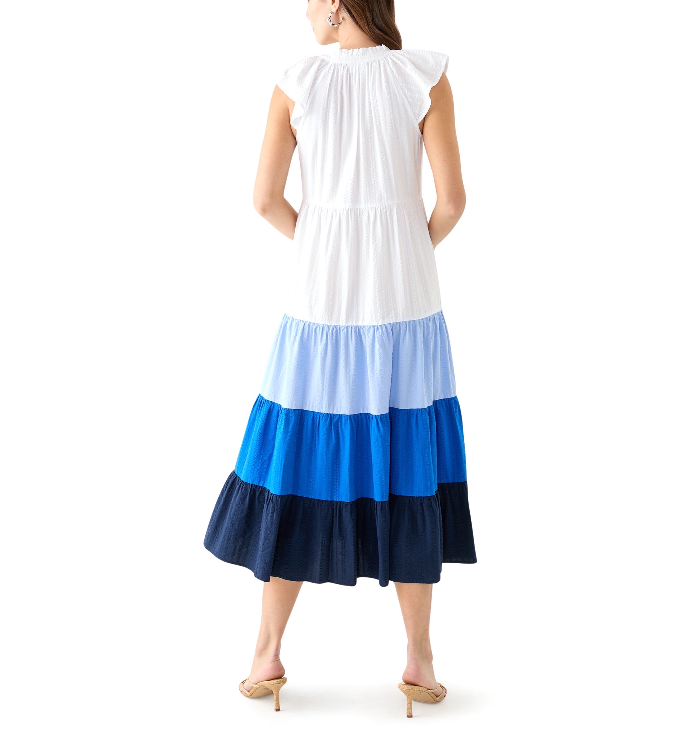 Womens Cap Sleeve Color Block Tiered Maxi Dress