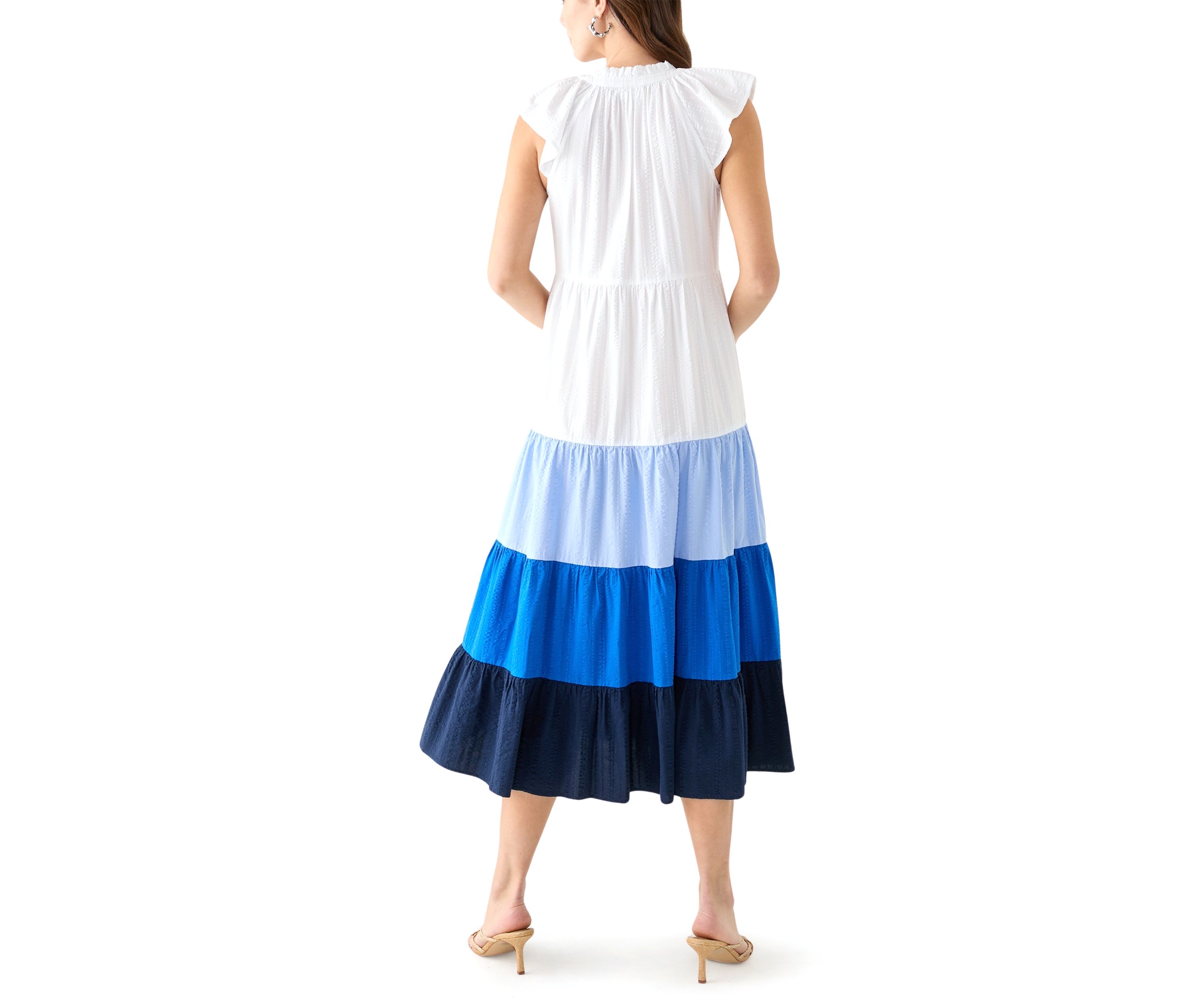 Womens Cap Sleeve Color Block Tiered Maxi Dress