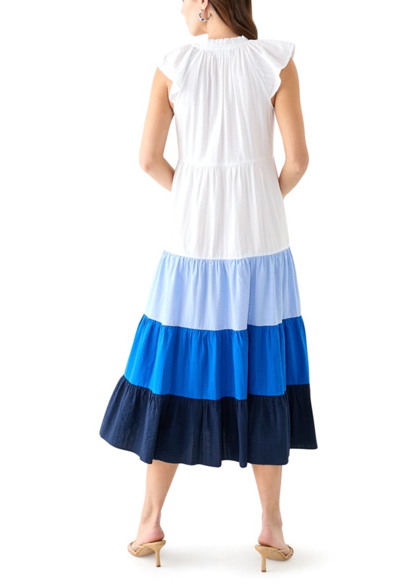 Womens Cap Sleeve Color Block Tiered Maxi Dress