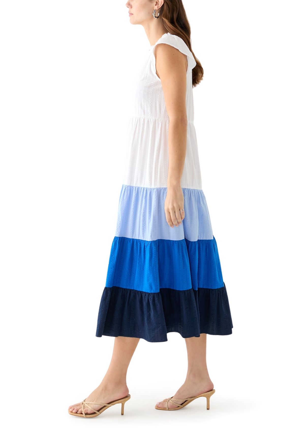 Womens Cap Sleeve Color Block Tiered Maxi Dress