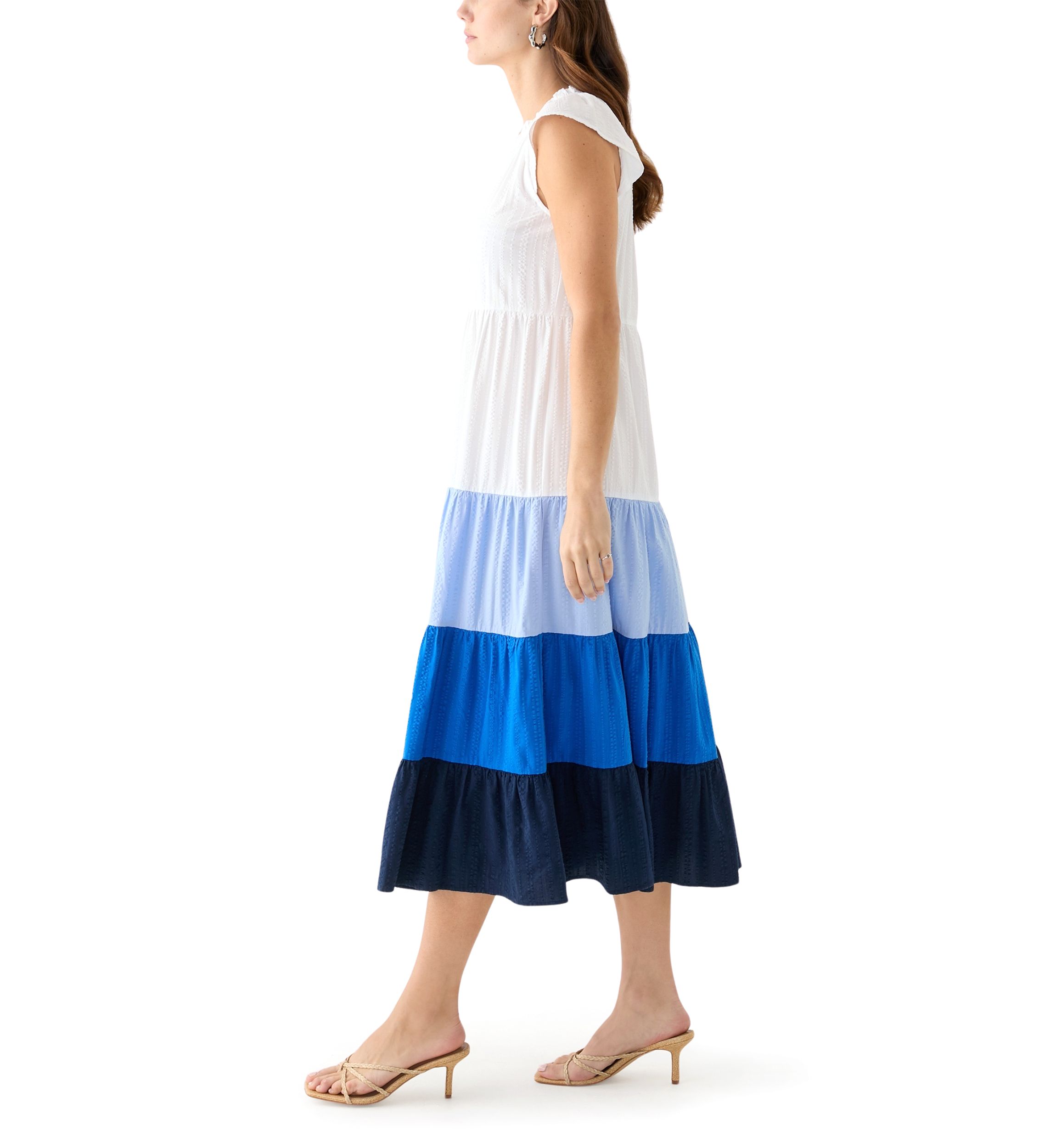 Womens Cap Sleeve Color Block Tiered Maxi Dress