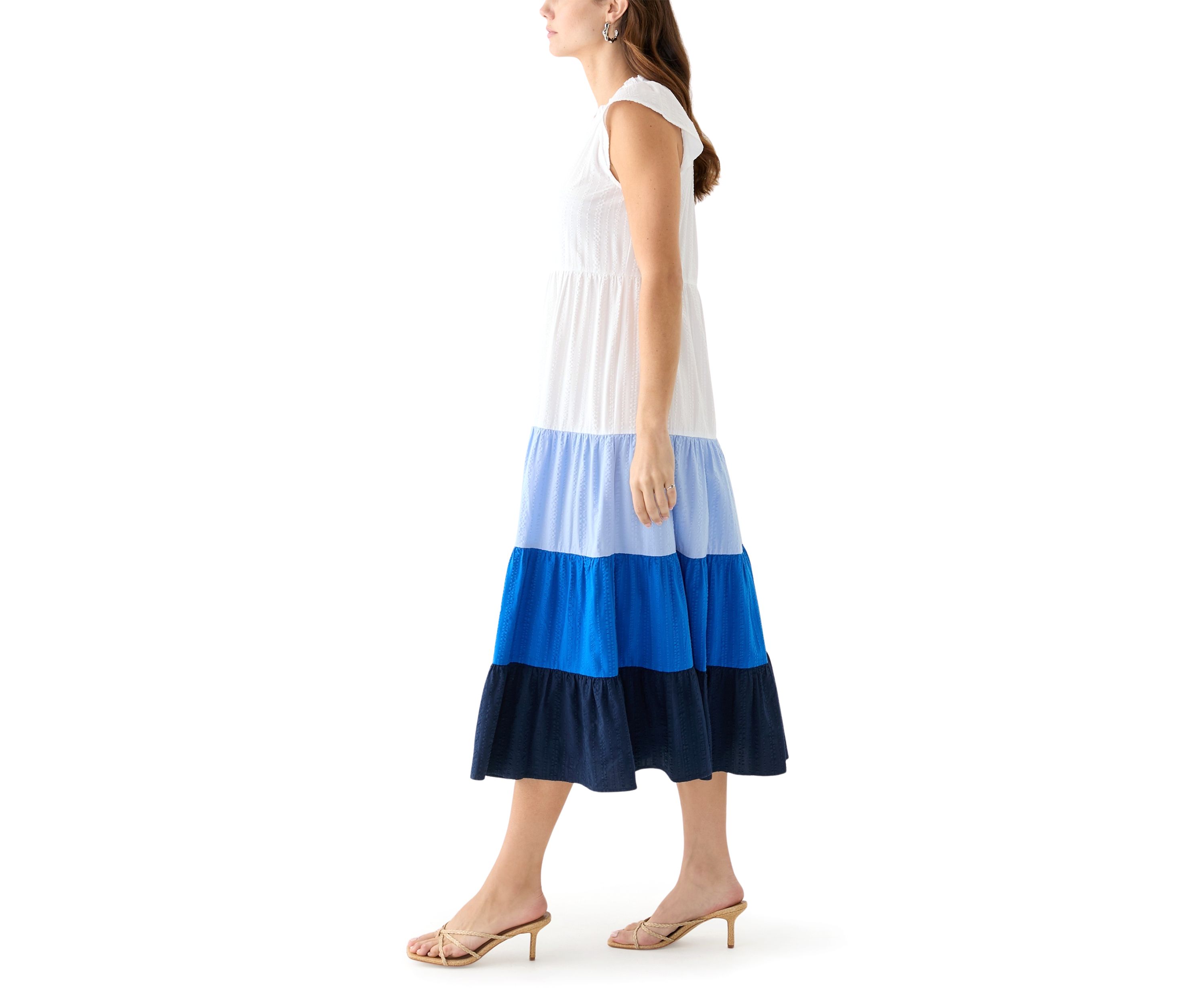 Womens Cap Sleeve Color Block Tiered Maxi Dress