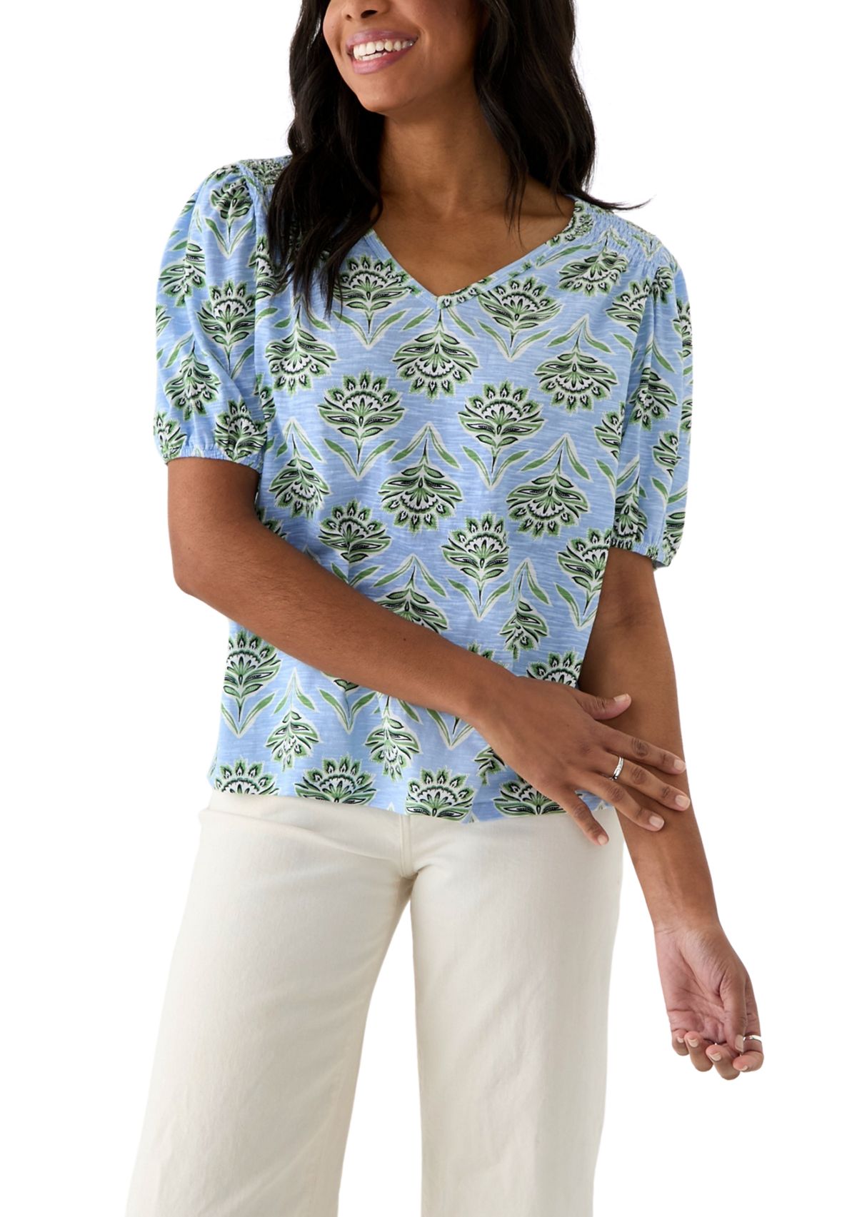 Womens Smocked Shoulder Printed Top