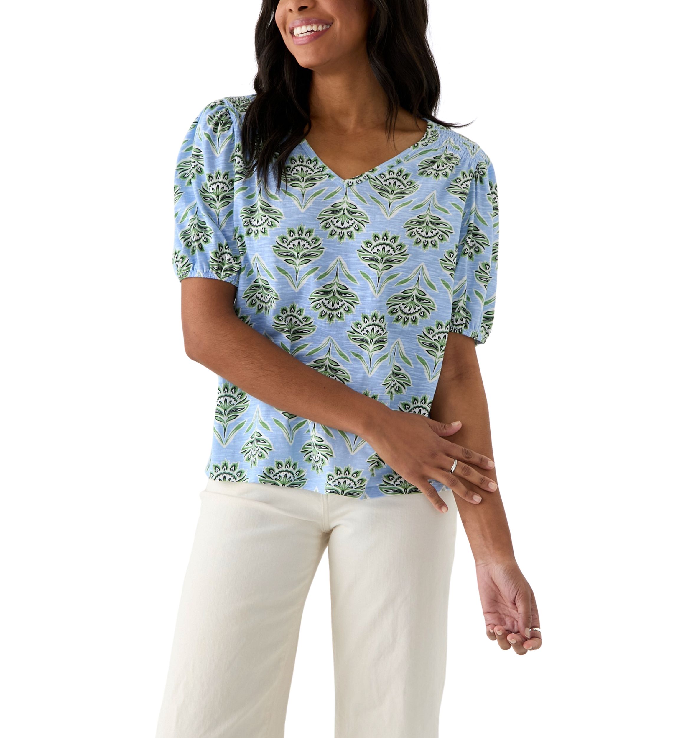 Womens Smocked Shoulder Printed Top