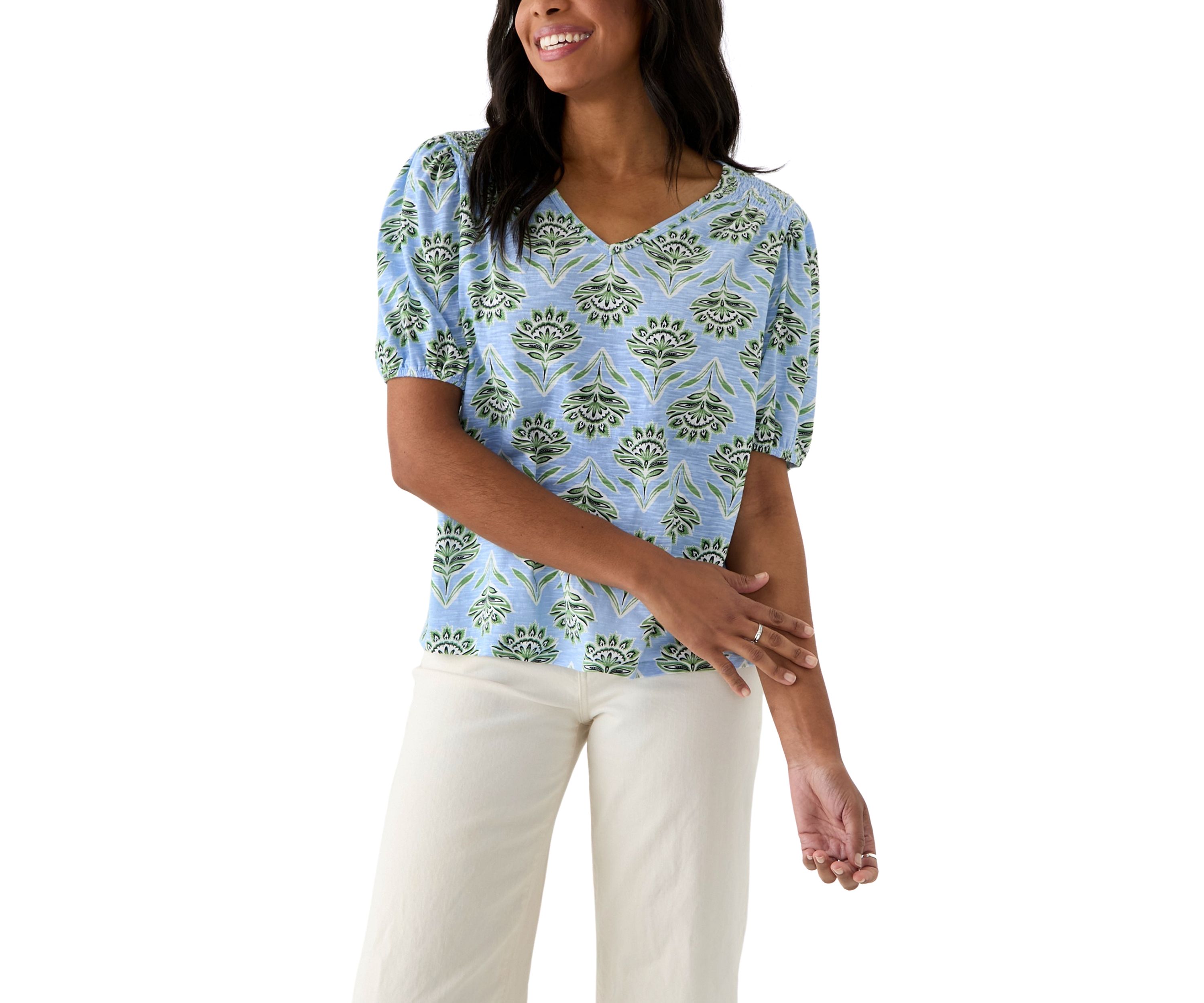 Womens Smocked Shoulder Printed Top