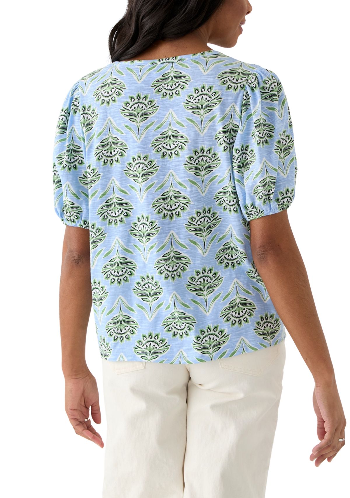 Womens Smocked Shoulder Printed Top