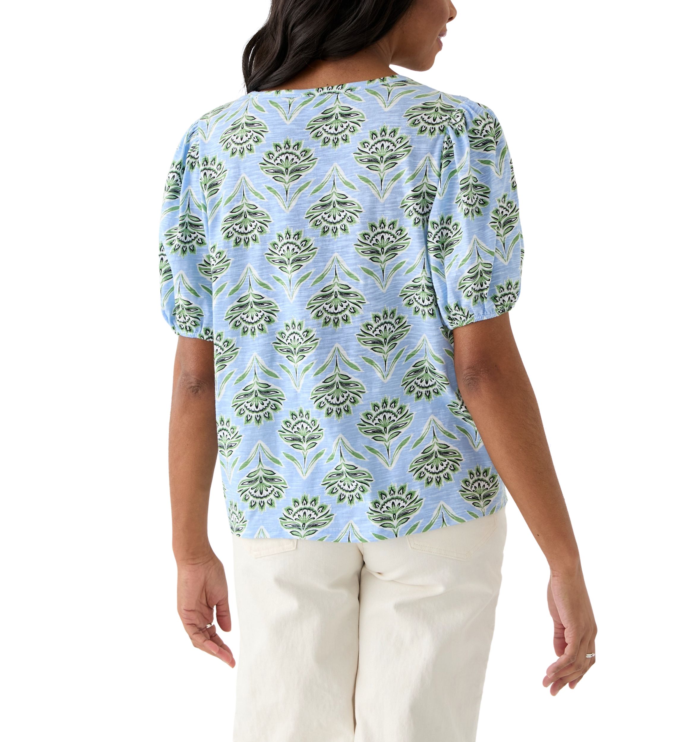 Womens Smocked Shoulder Printed Top