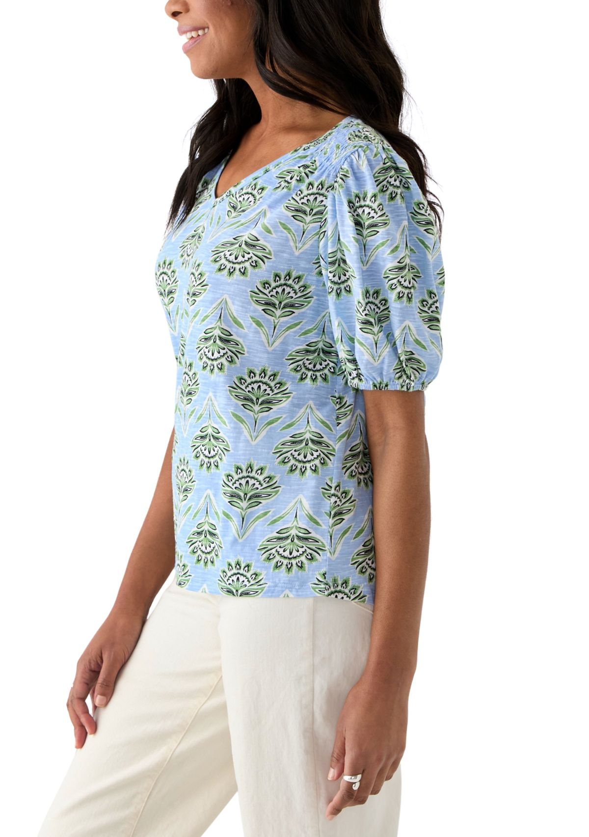 Womens Smocked Shoulder Printed Top