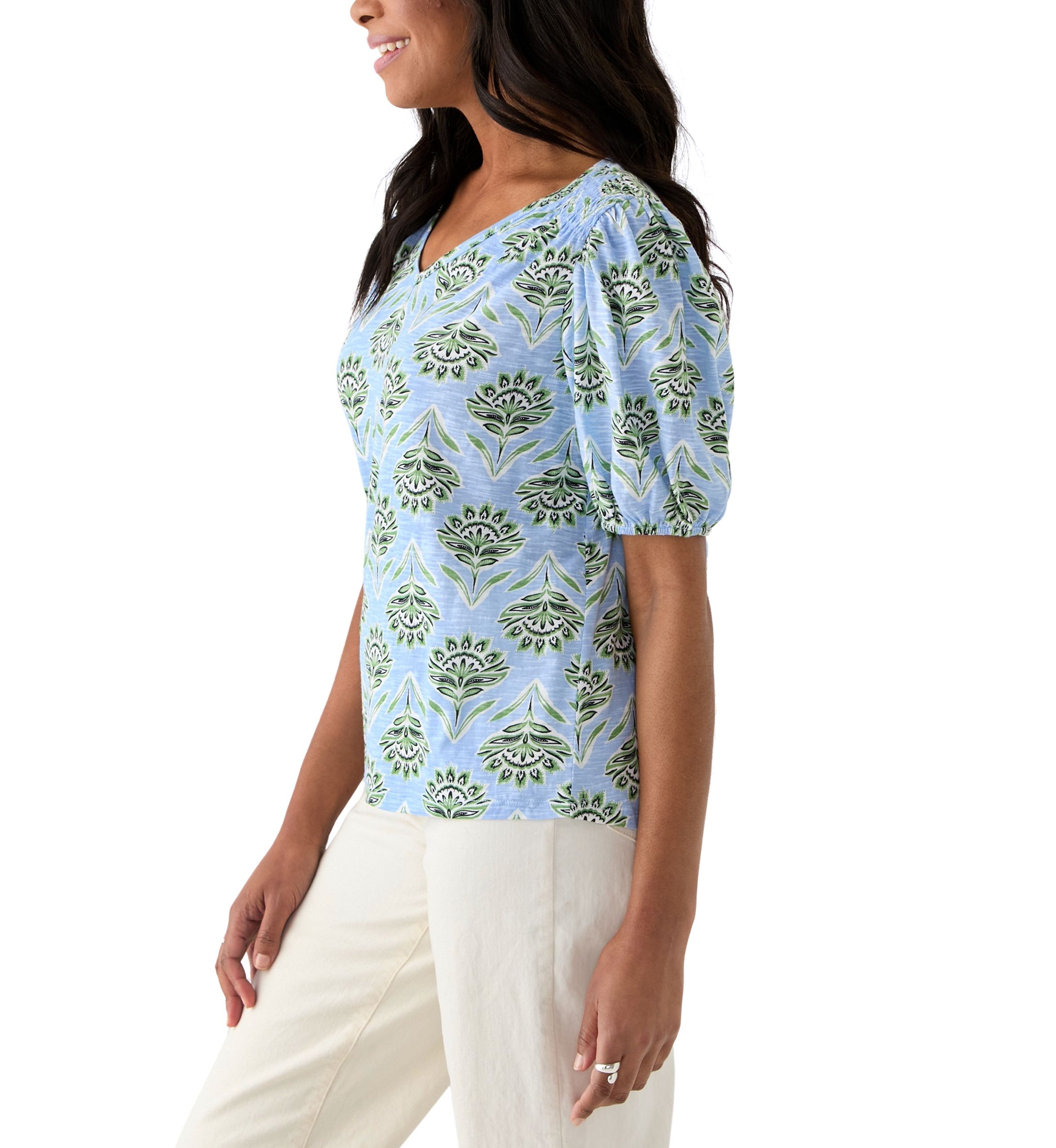 Womens Smocked Shoulder Printed Top