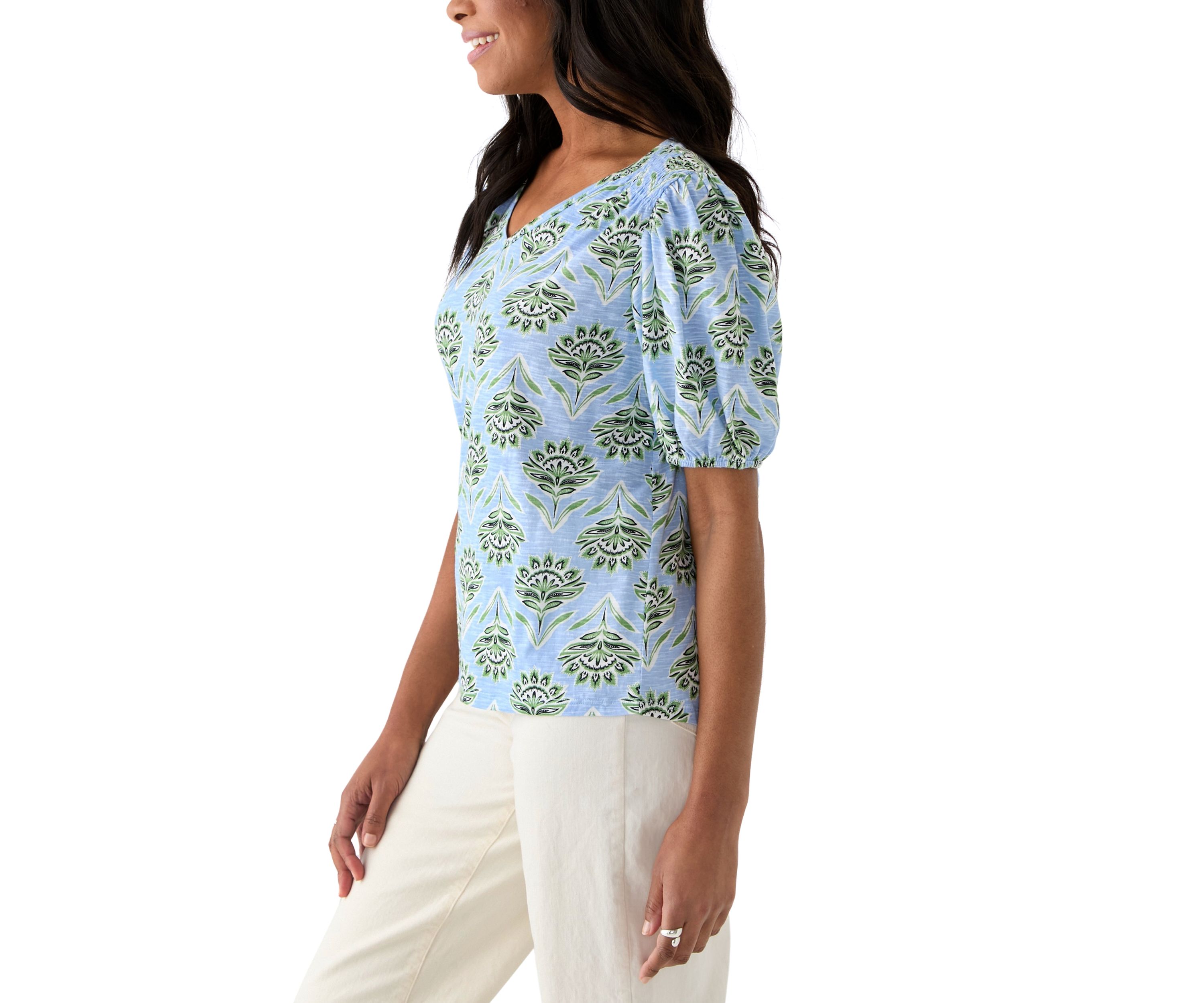 Womens Smocked Shoulder Printed Top