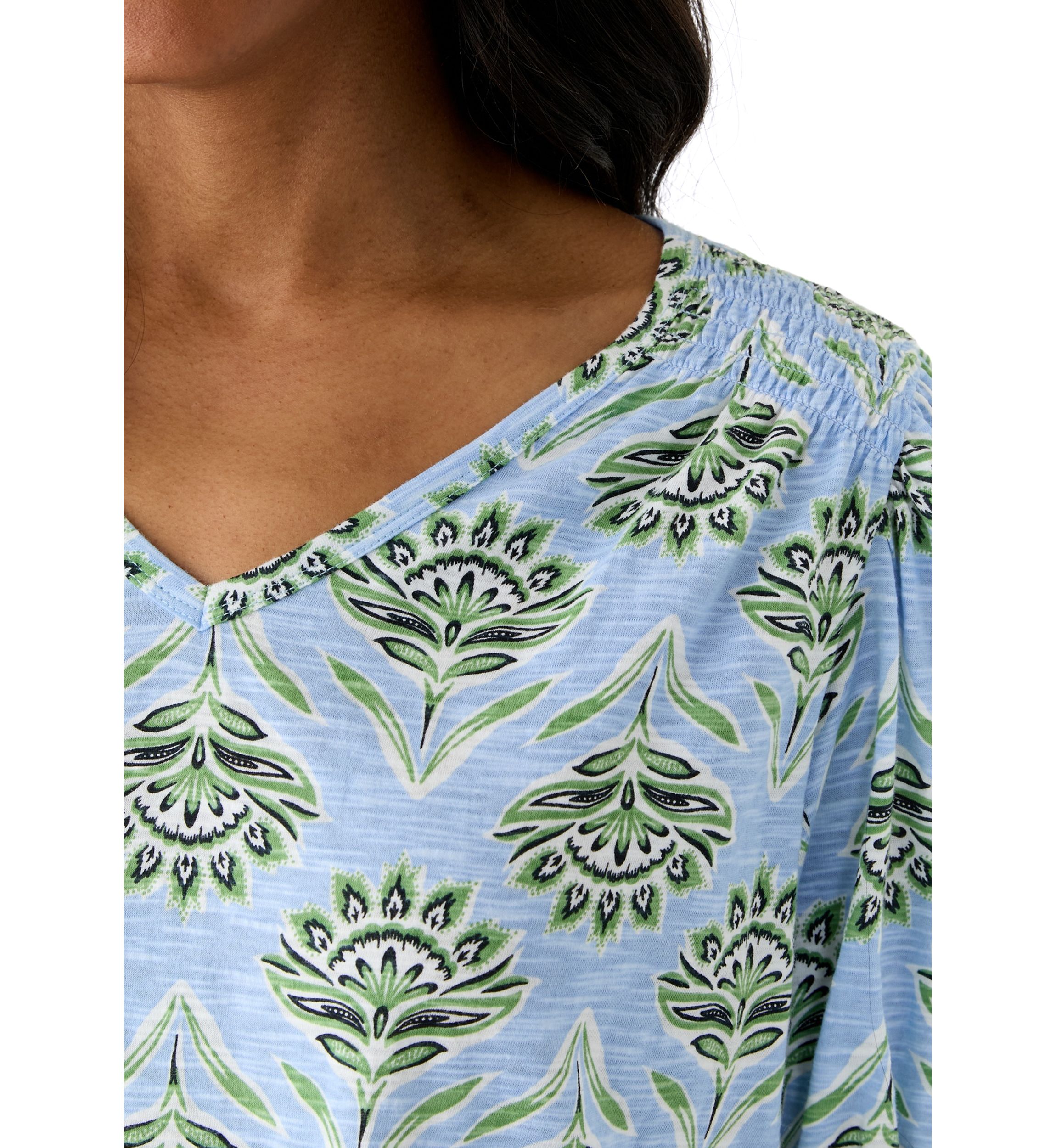 Womens Smocked Shoulder Printed Top