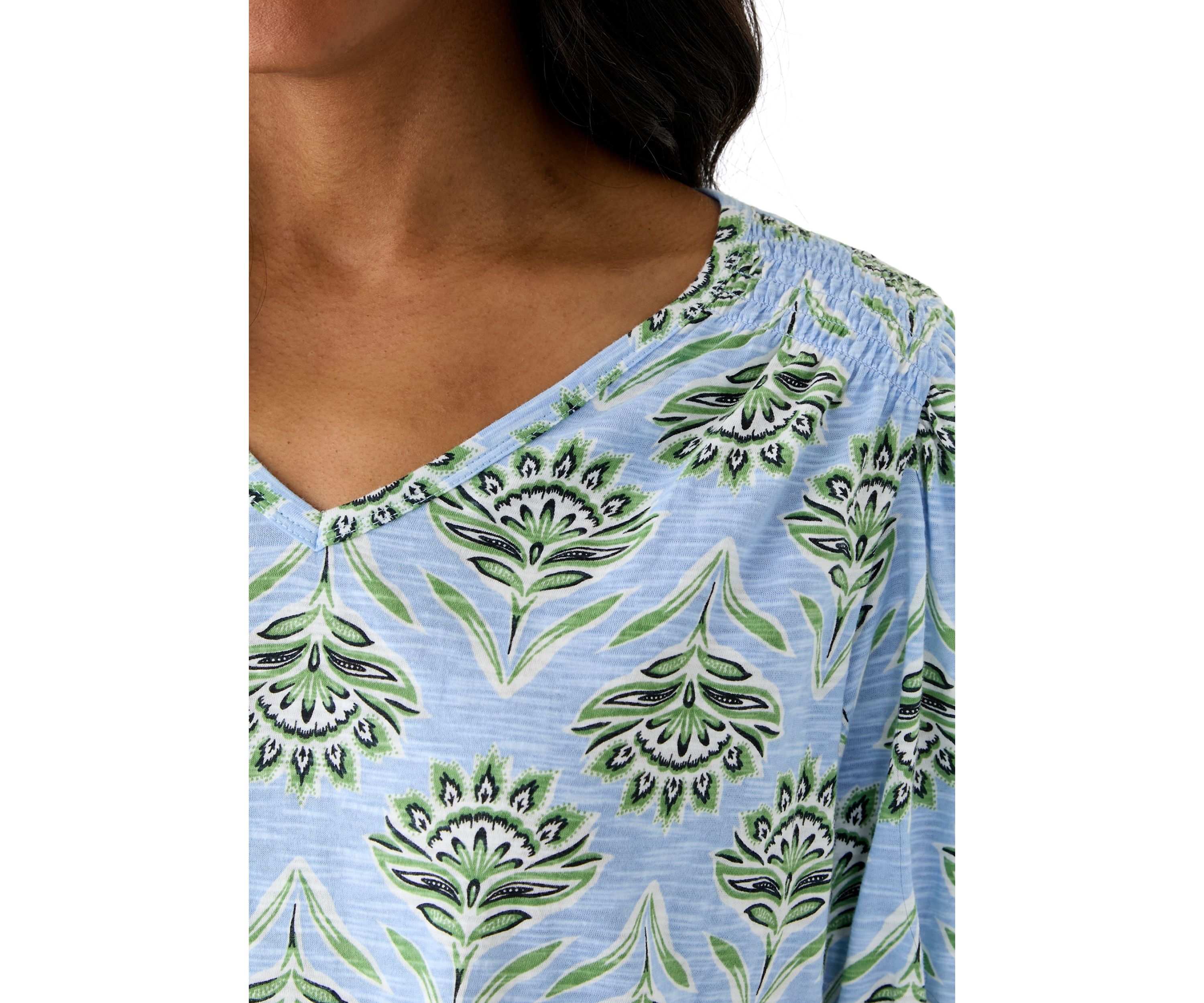 Womens Smocked Shoulder Printed Top