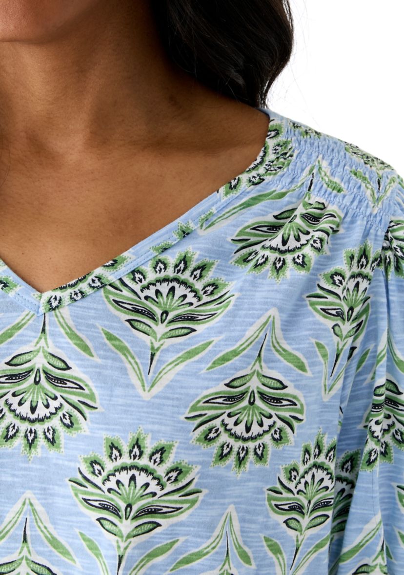 Womens Smocked Shoulder Printed Top