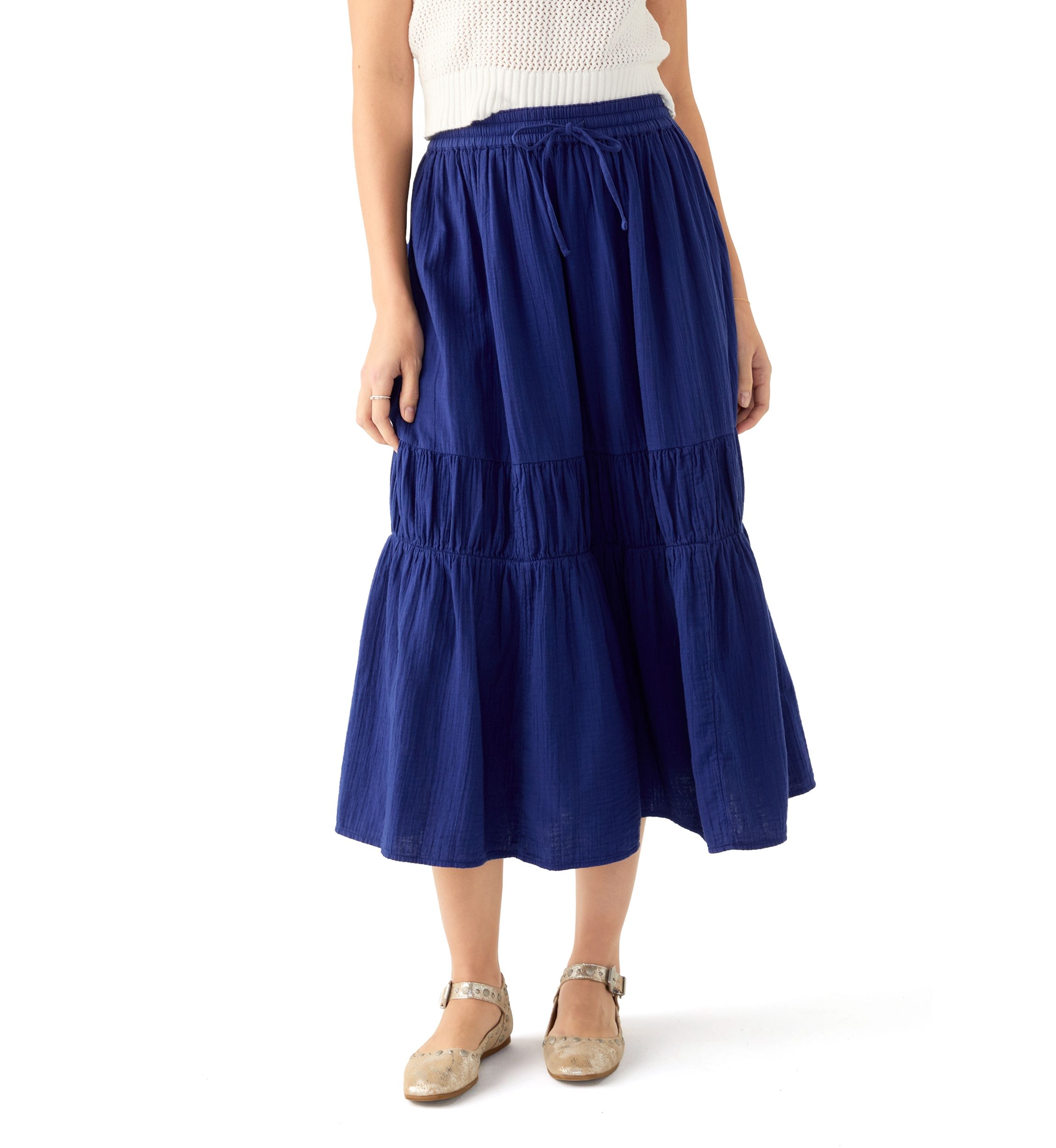 Womens Tiered Midi Gauze Skirt