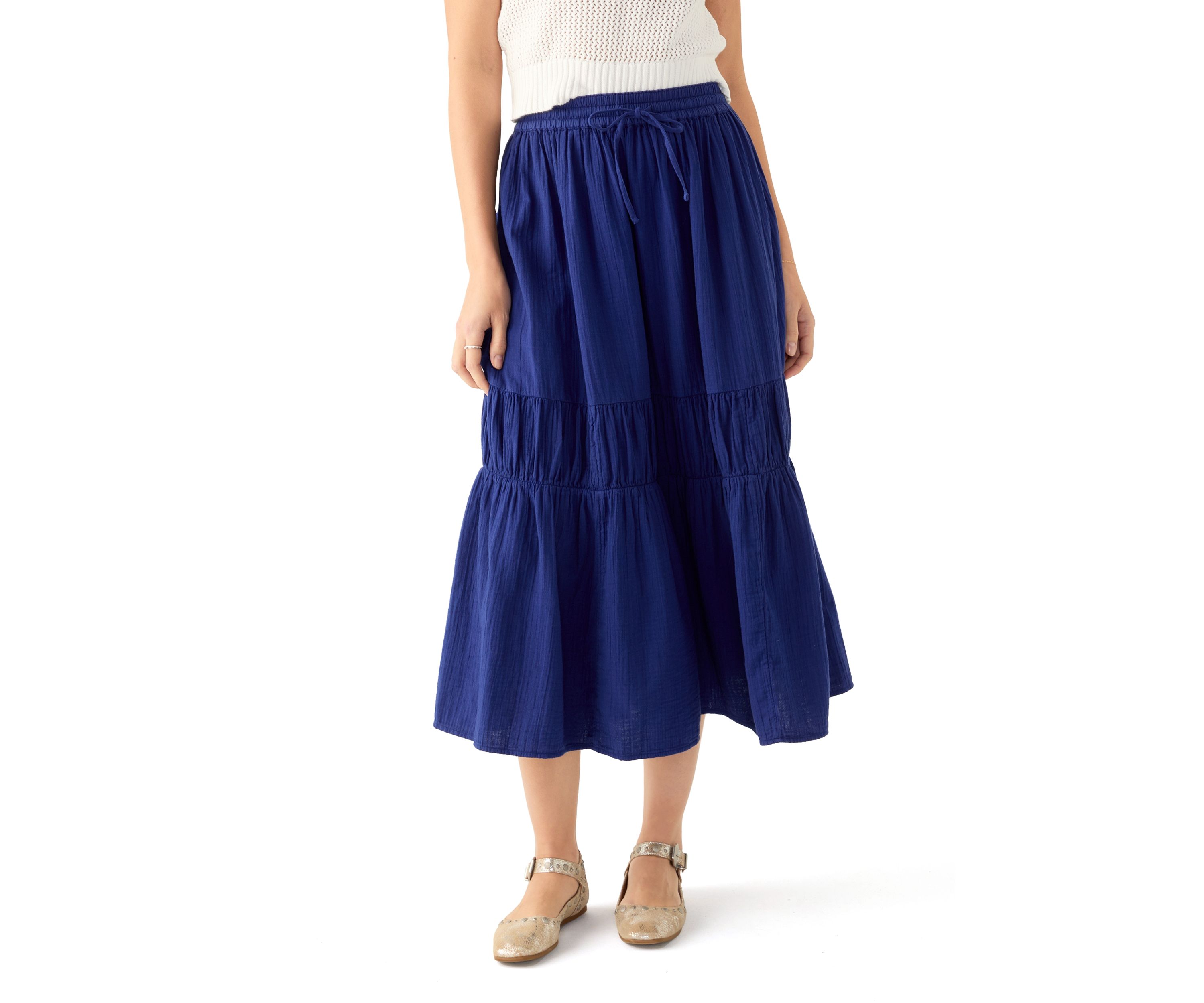 Womens Tiered Midi Gauze Skirt