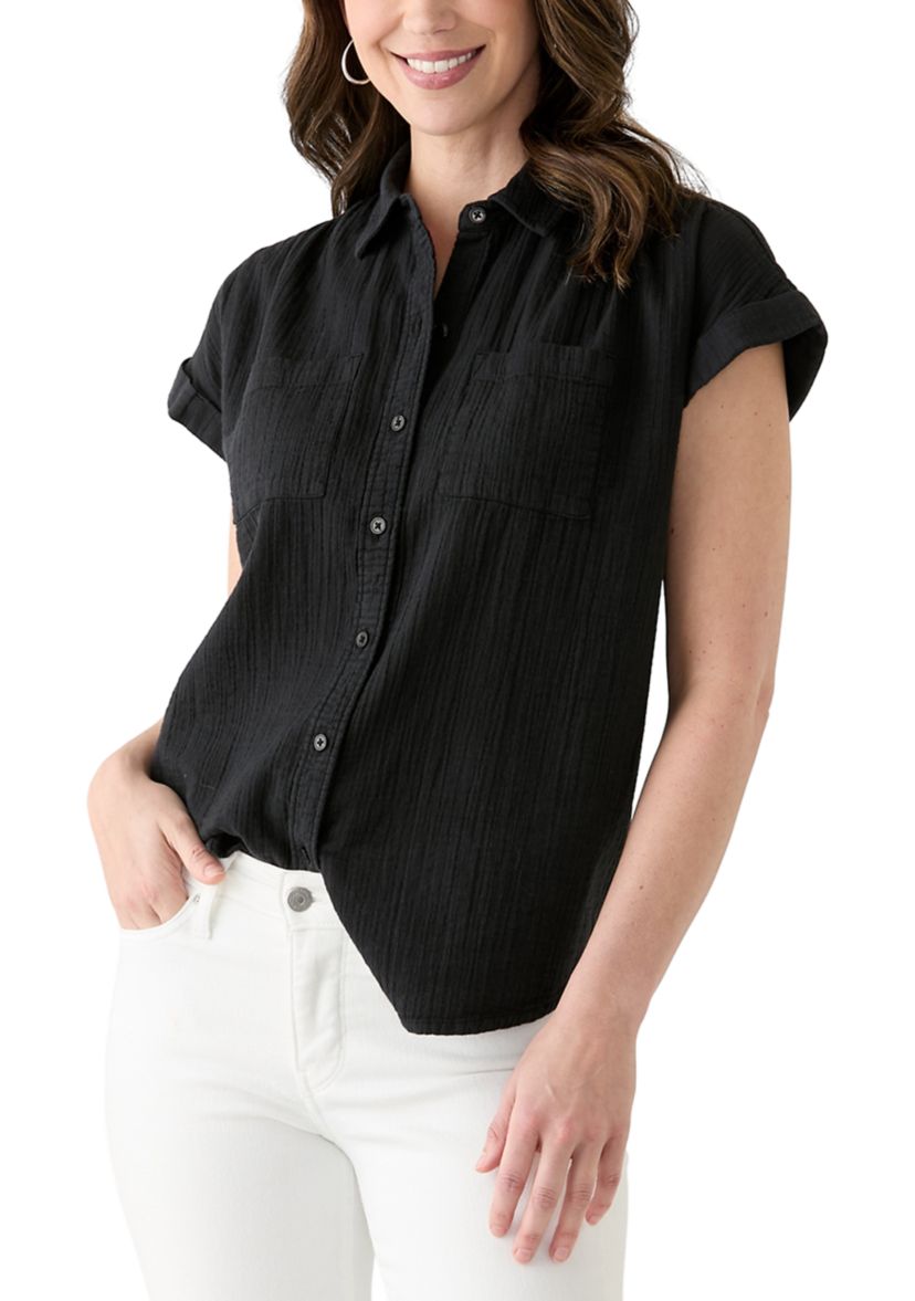 Womens Shirred Shoulder Camp Shirt 