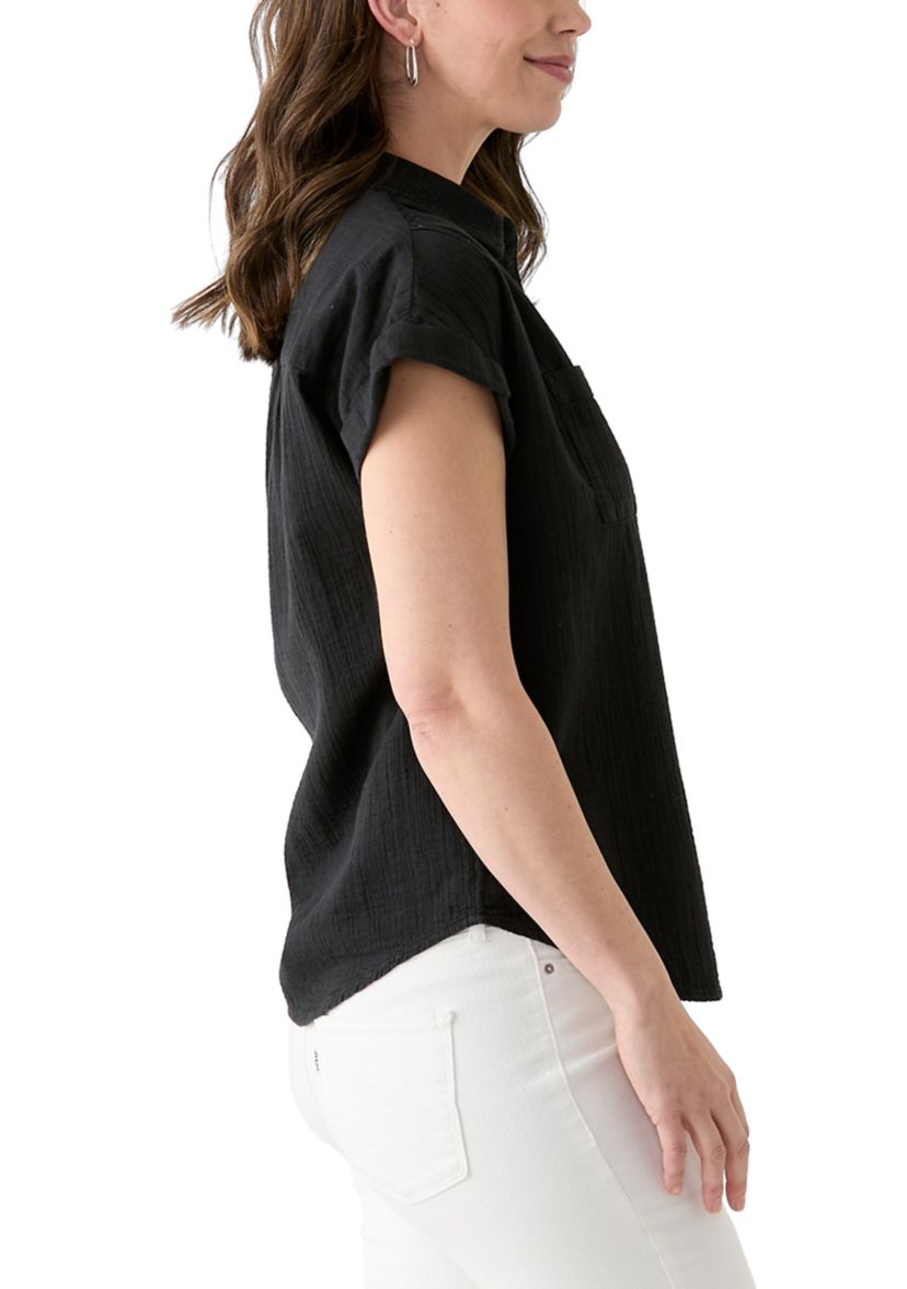Womens Shirred Shoulder Camp Shirt 
